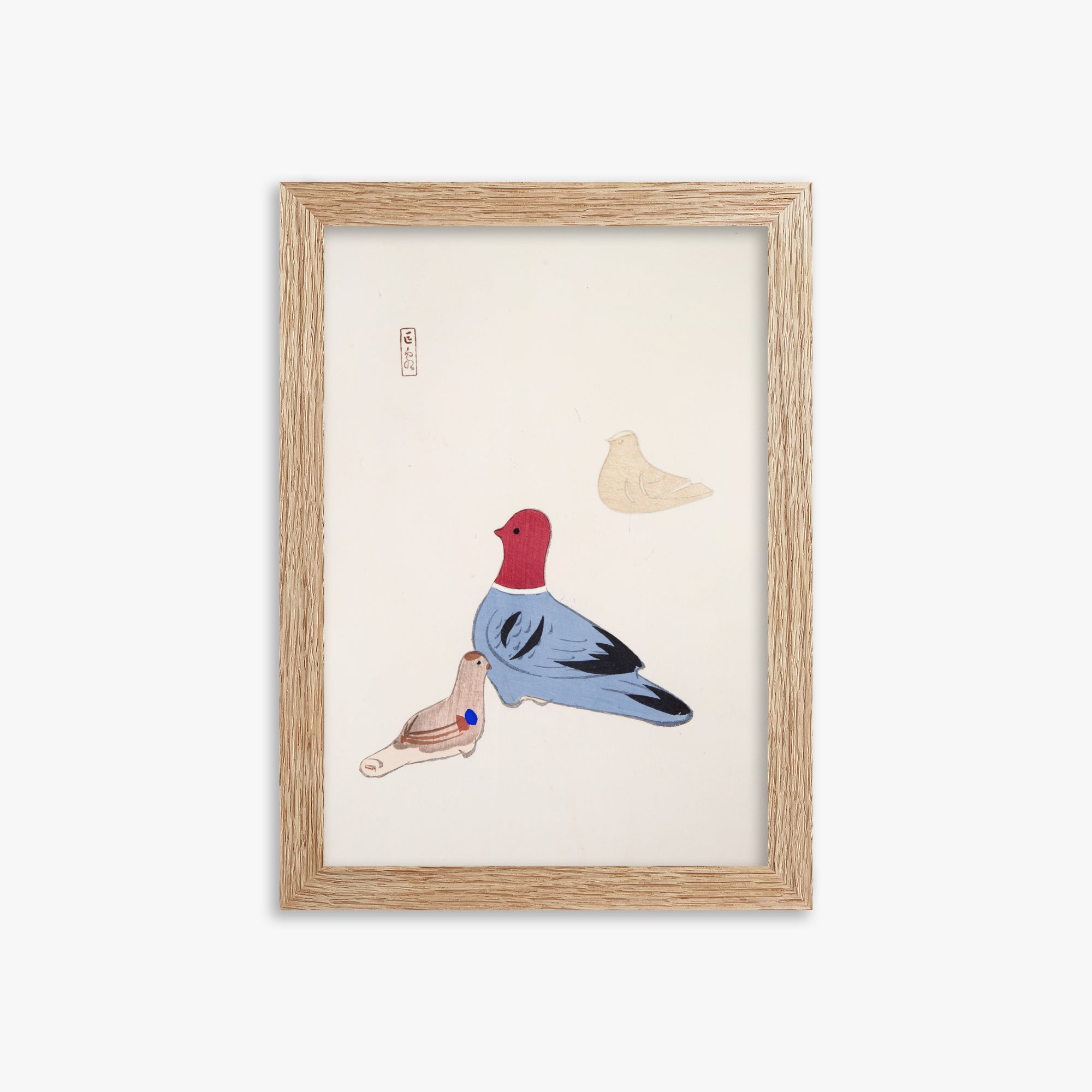 Kawasaki Kyosen: Kyosen’s Collected Illustrations of Japanese Toys Nr. 36 ("Serene Aviary Trio"), 21x30cm Framed Art Reproduction With Raw Oak Frame