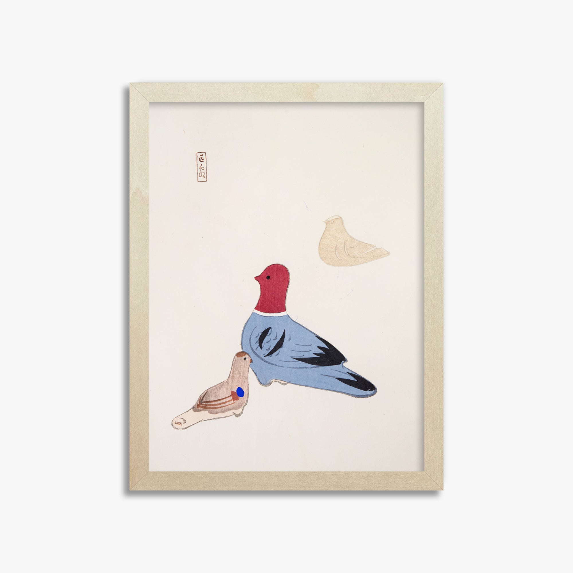 Kawasaki Kyosen: Kyosen’s Collected Illustrations of Japanese Toys Nr. 36 ("Serene Aviary Trio"), 30x40cm Framed Art Reproduction With Lime Wood Frame