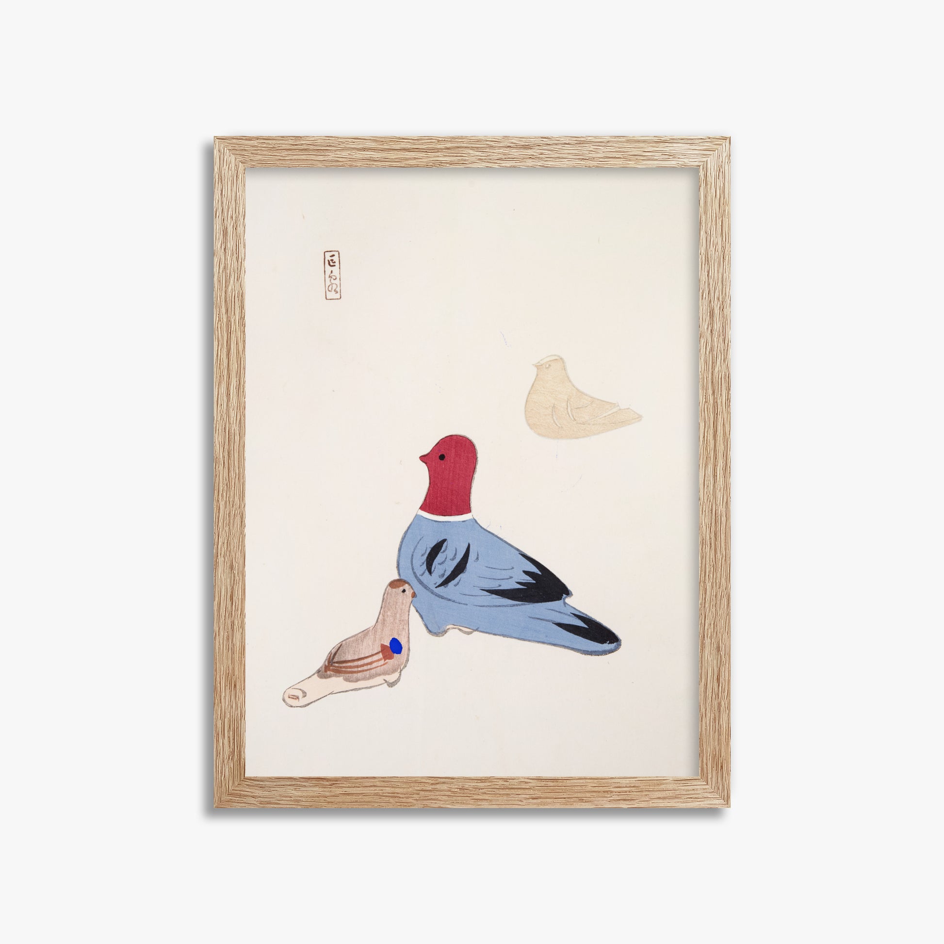 Kawasaki Kyosen: Kyosen’s Collected Illustrations of Japanese Toys Nr. 36 ("Serene Aviary Trio"), 30x40cm Framed Art Reproduction With Raw Oak Frame