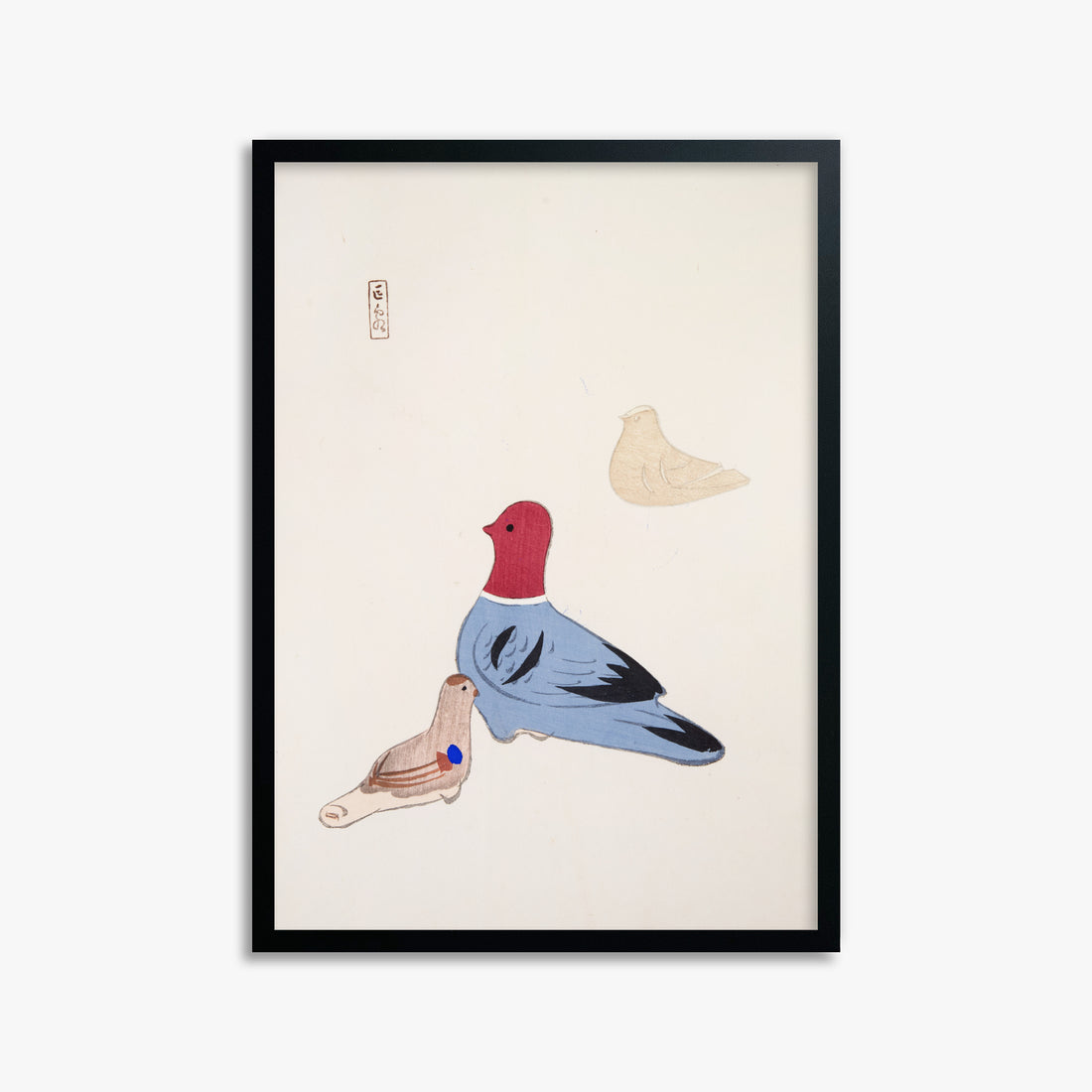 Kawasaki Kyosen: Kyosen’s Collected Illustrations of Japanese Toys Nr. 36 ("Serene Aviary Trio"), 50x70cm Framed Art Reproduction With Black Frame