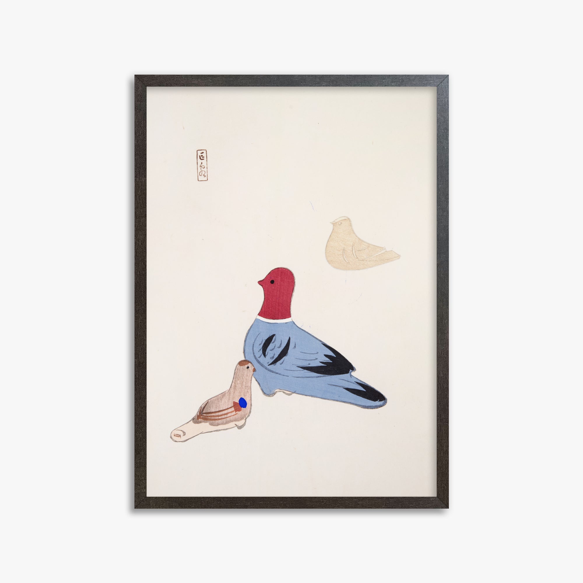 Kawasaki Kyosen: Kyosen’s Collected Illustrations of Japanese Toys Nr. 36 ("Serene Aviary Trio"), 50x70cm Framed Art Reproduction With Espresso Frame