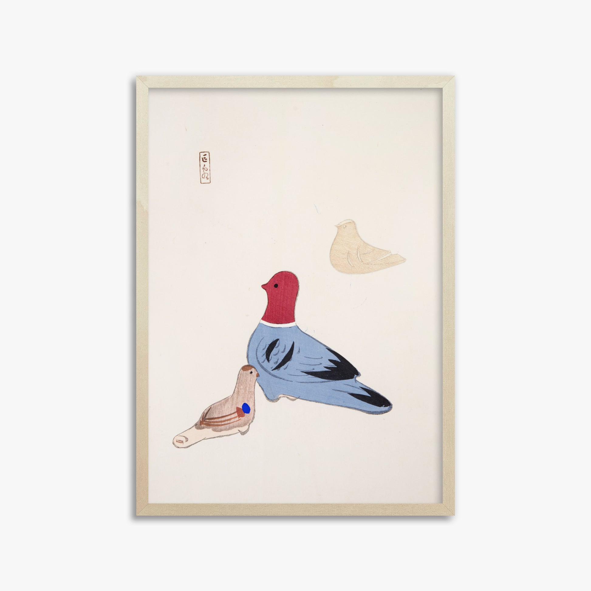 Kawasaki Kyosen: Kyosen’s Collected Illustrations of Japanese Toys Nr. 36 ("Serene Aviary Trio"), 50x70cm Framed Art Reproduction With Lime Wood Frame