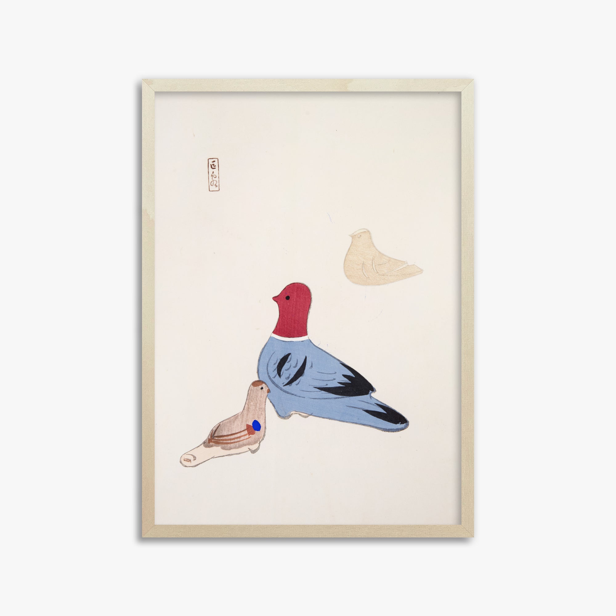 Kawasaki Kyosen: Kyosen’s Collected Illustrations of Japanese Toys Nr. 36 ("Serene Aviary Trio"), 50x70cm Framed Art Reproduction With Lime Wood Frame