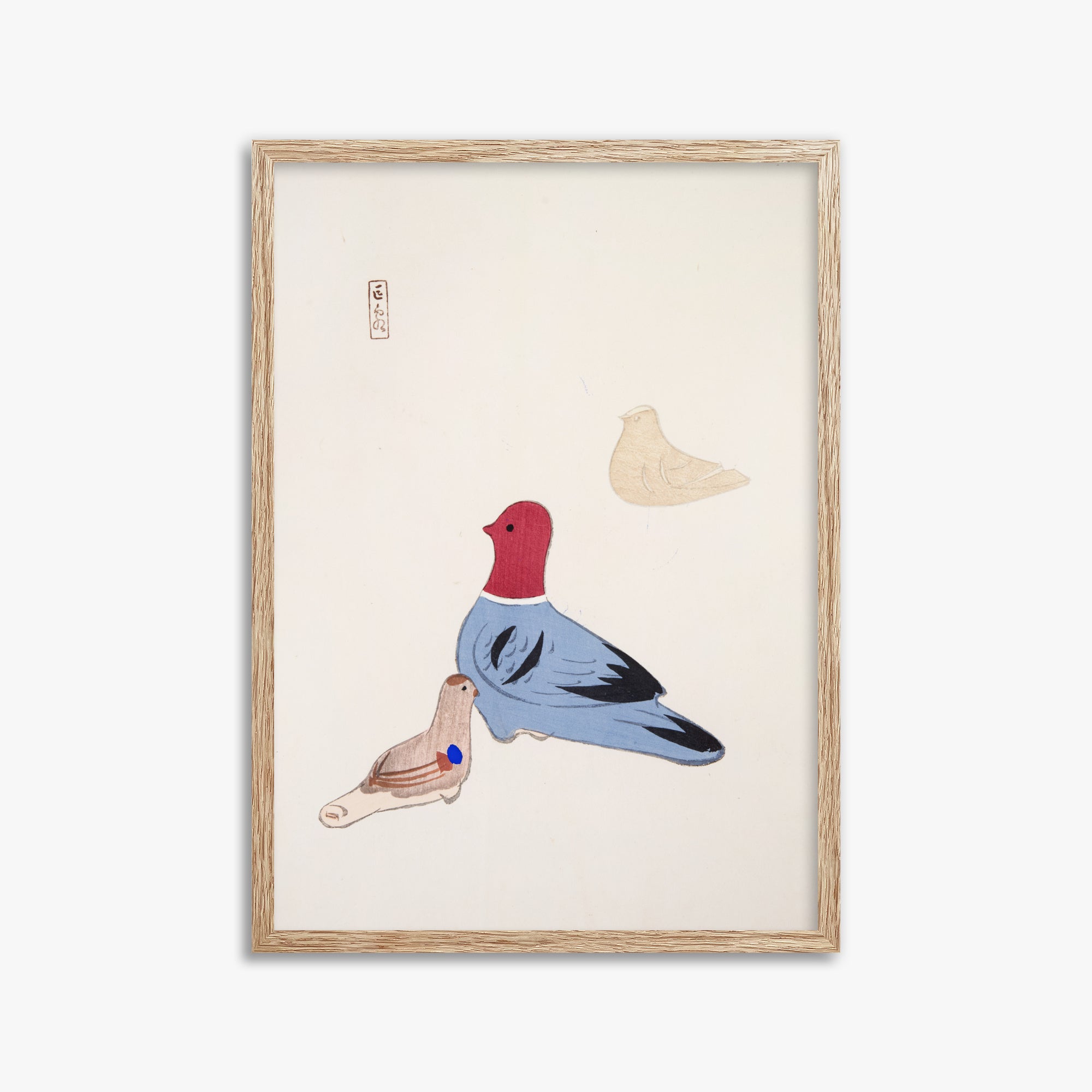 Kawasaki Kyosen: Kyosen’s Collected Illustrations of Japanese Toys Nr. 36 ("Serene Aviary Trio"), 50x70cm Framed Art Reproduction With Raw Oak Frame