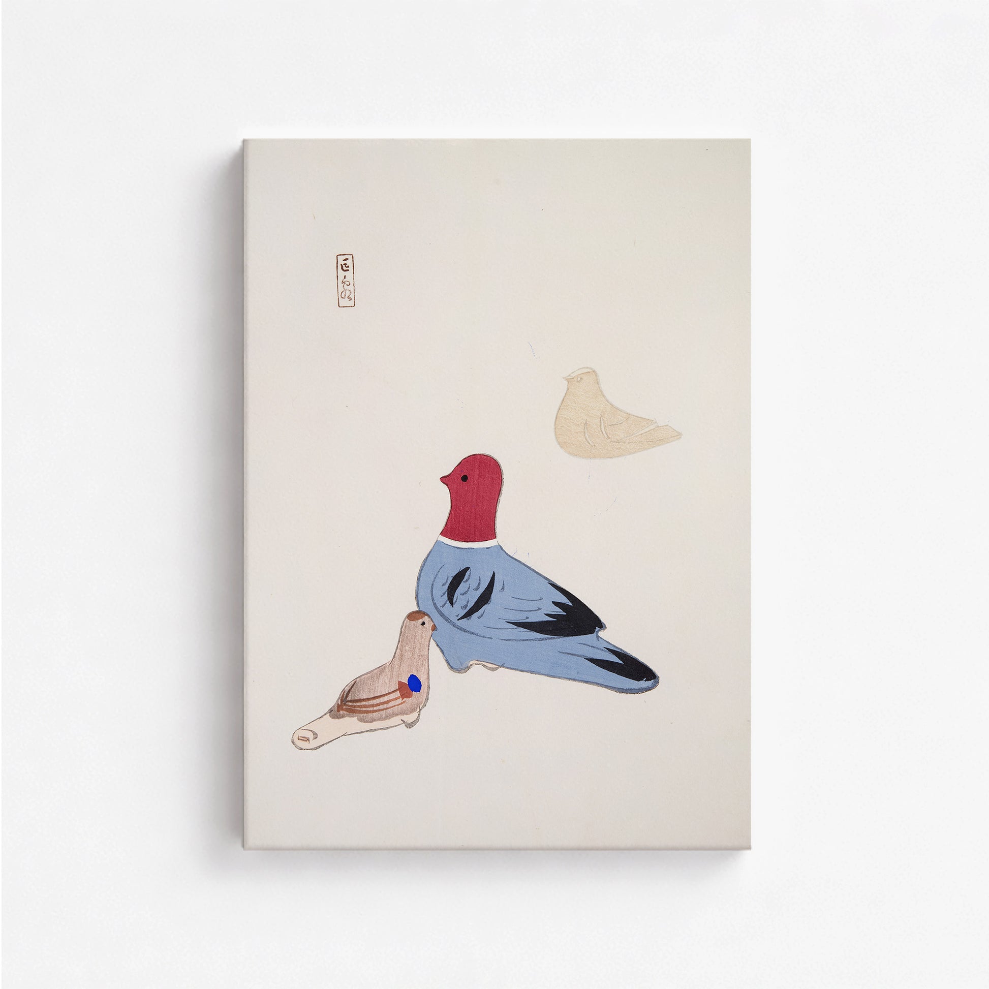 Kawasaki Kyosen: Kyosen’s Collected Illustrations of Japanese Toys Nr. 36 ("Serene Aviary Trio"), 50x70cm Satin Canvas Art Reproduction