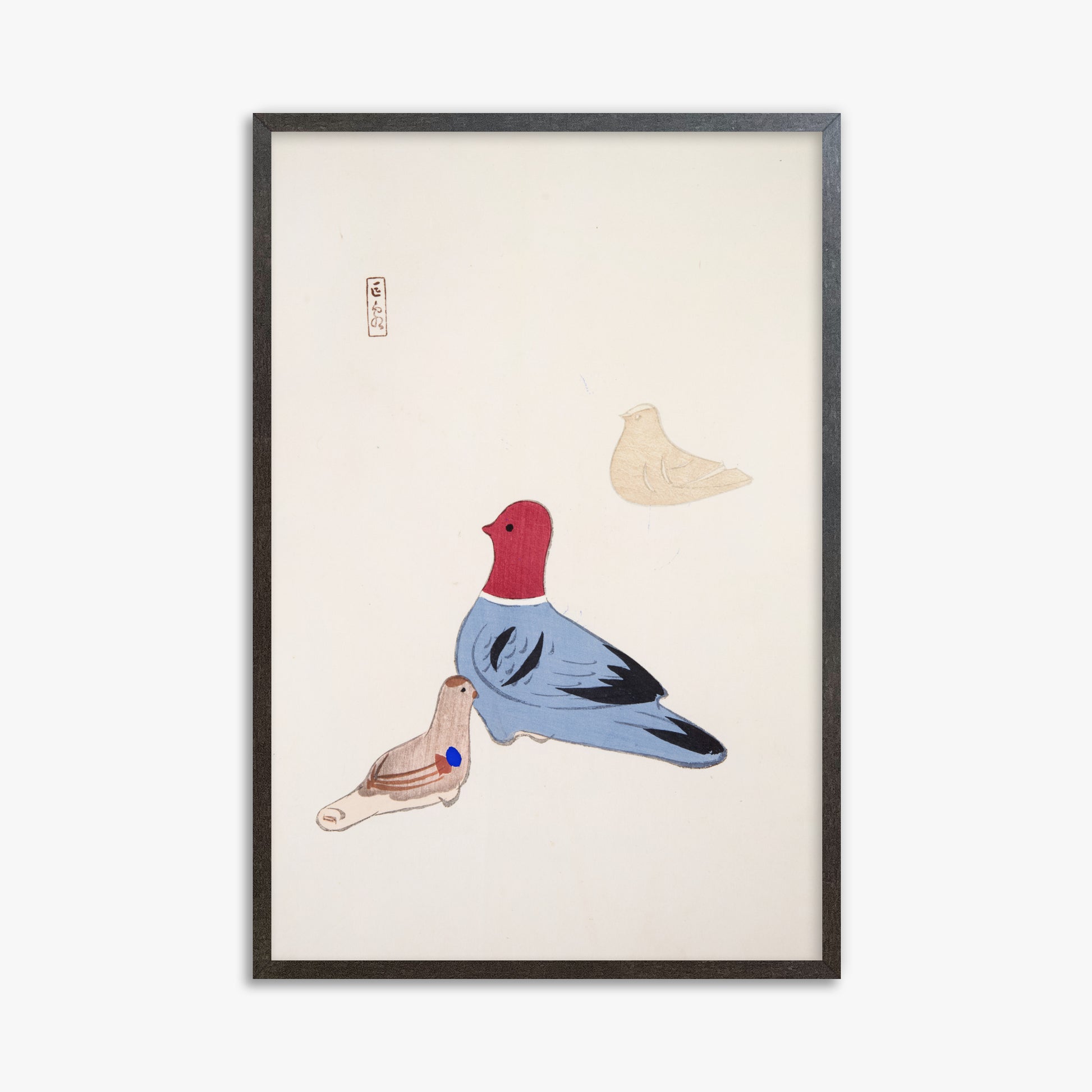 Kawasaki Kyosen: Kyosen’s Collected Illustrations of Japanese Toys Nr. 36 ("Serene Aviary Trio"), 61x91cm Framed Art Reproduction With Espresso Frame