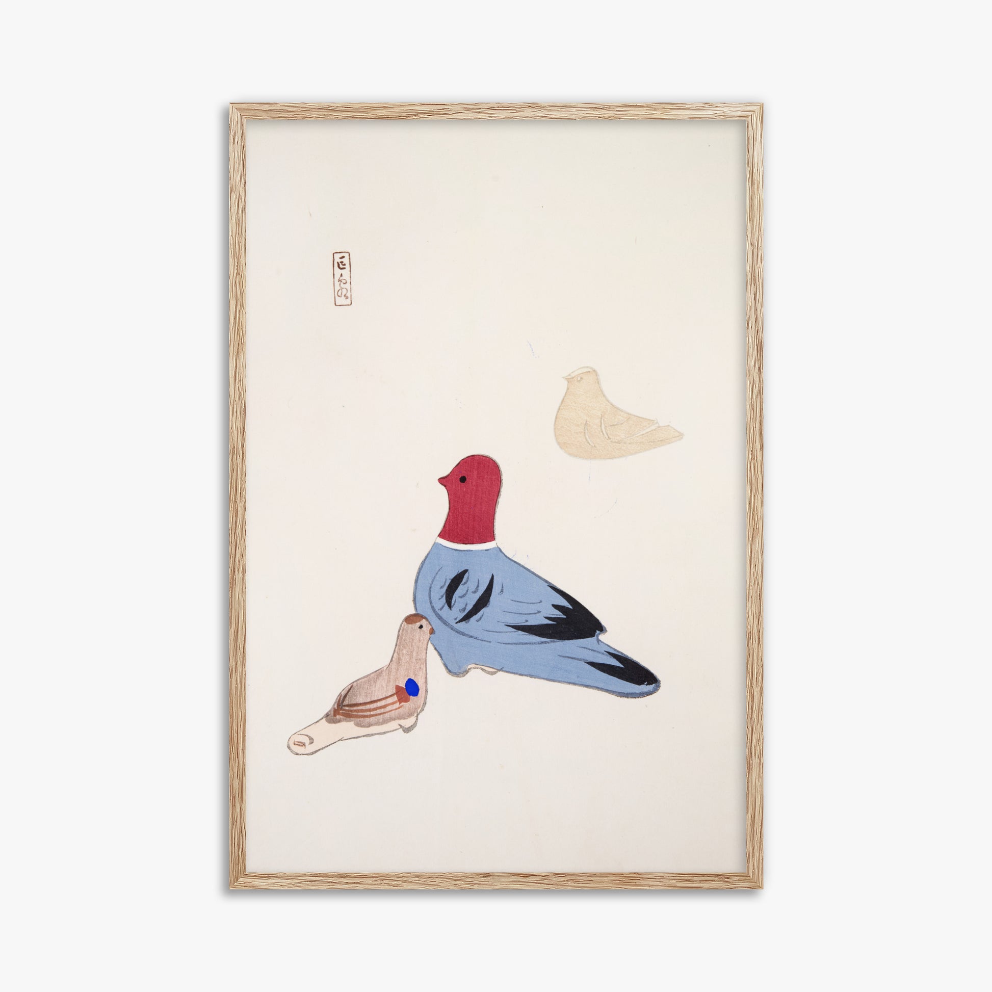 Kawasaki Kyosen: Kyosen’s Collected Illustrations of Japanese Toys Nr. 36 ("Serene Aviary Trio"), 61x91cm Framed Art Reproduction With Raw Oak Frame