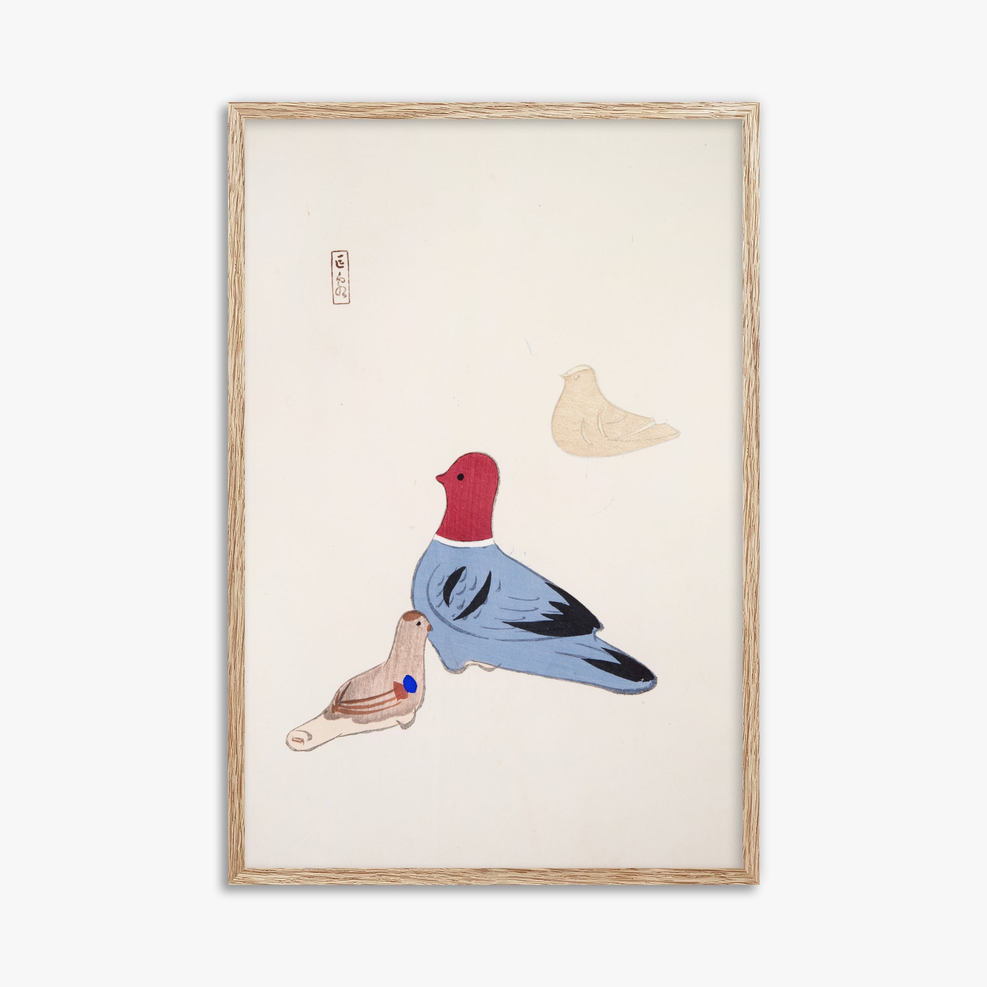 Kawasaki Kyosen: Kyosen’s Collected Illustrations of Japanese Toys Nr. 36 ("Serene Aviary Trio"), 61x91cm Framed Art Reproduction With Raw Oak Frame