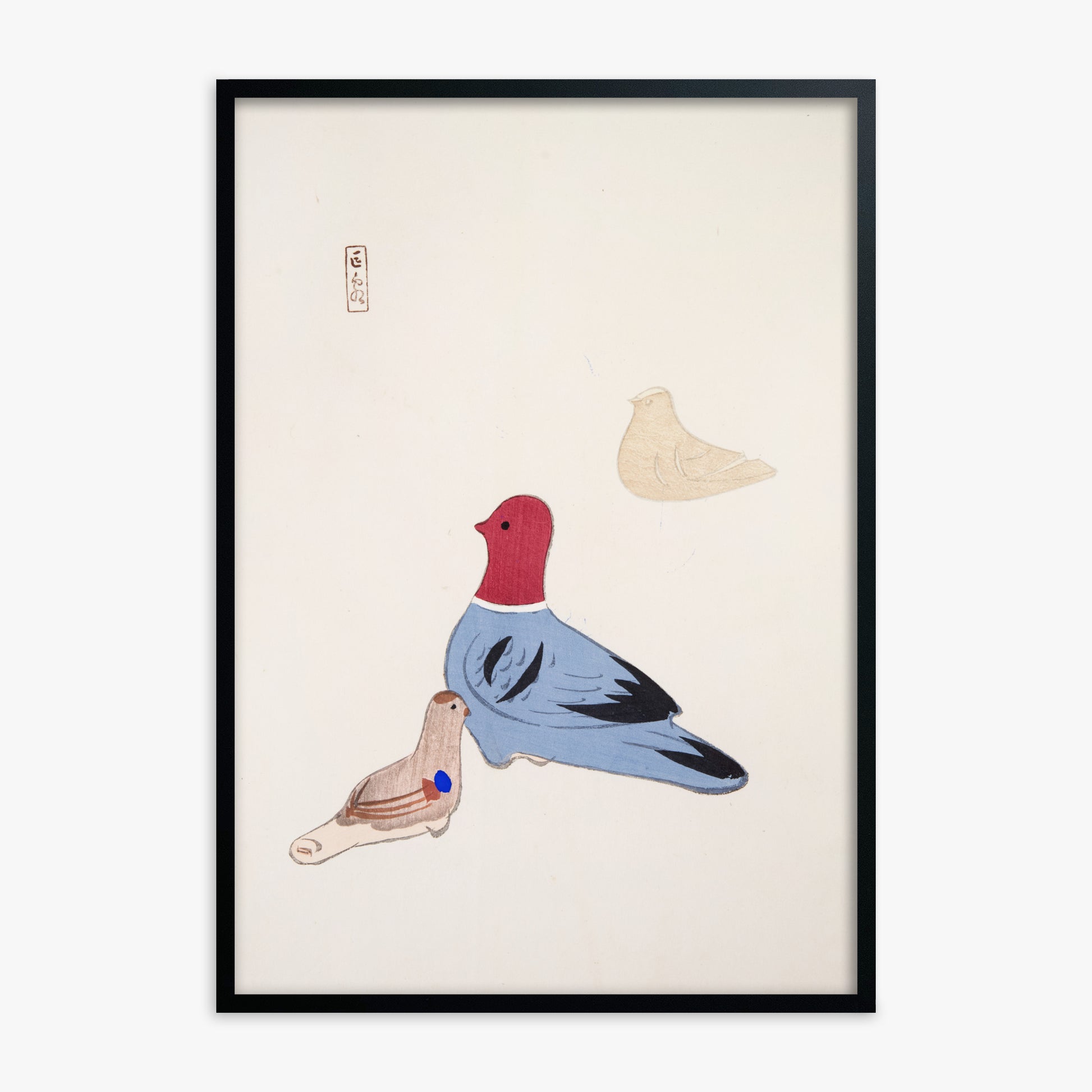 Kawasaki Kyosen: Kyosen’s Collected Illustrations of Japanese Toys Nr. 36 ("Serene Aviary Trio"), Black Framed Art Reproduction With Black Frame