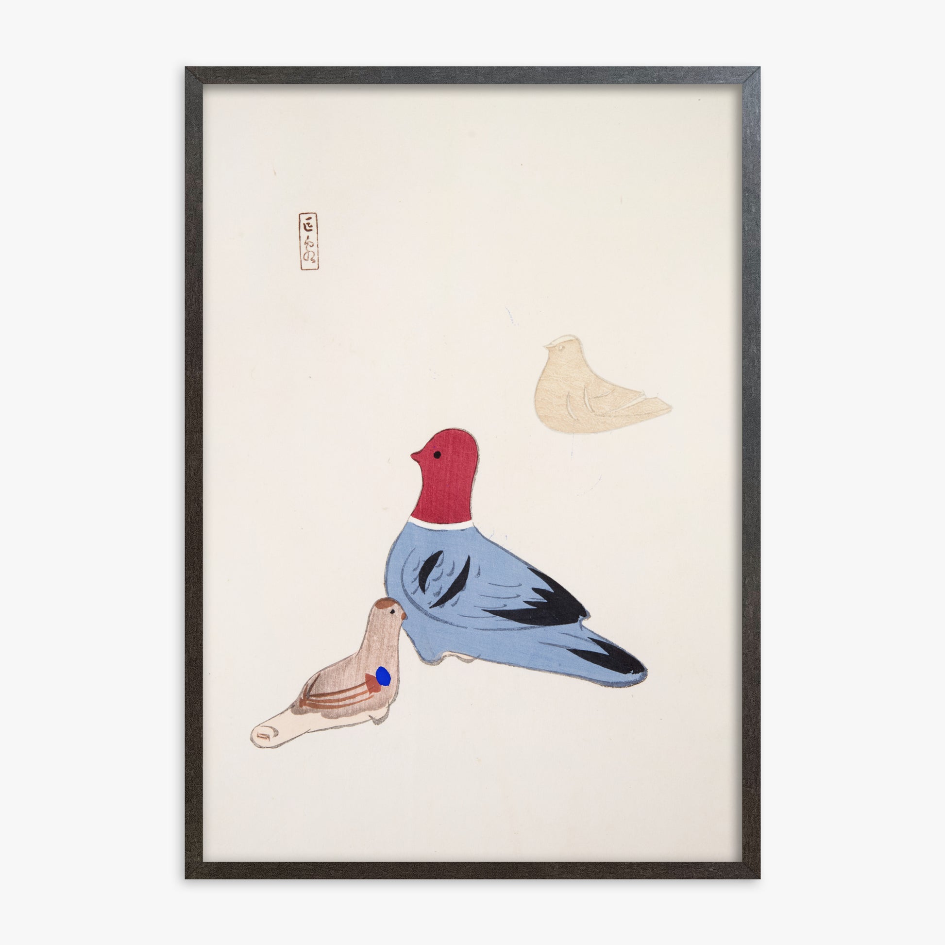 Kawasaki Kyosen: Kyosen’s Collected Illustrations of Japanese Toys Nr. 36 ("Serene Aviary Trio"), 70x100cm Framed Art Reproduction With Espresso Frame