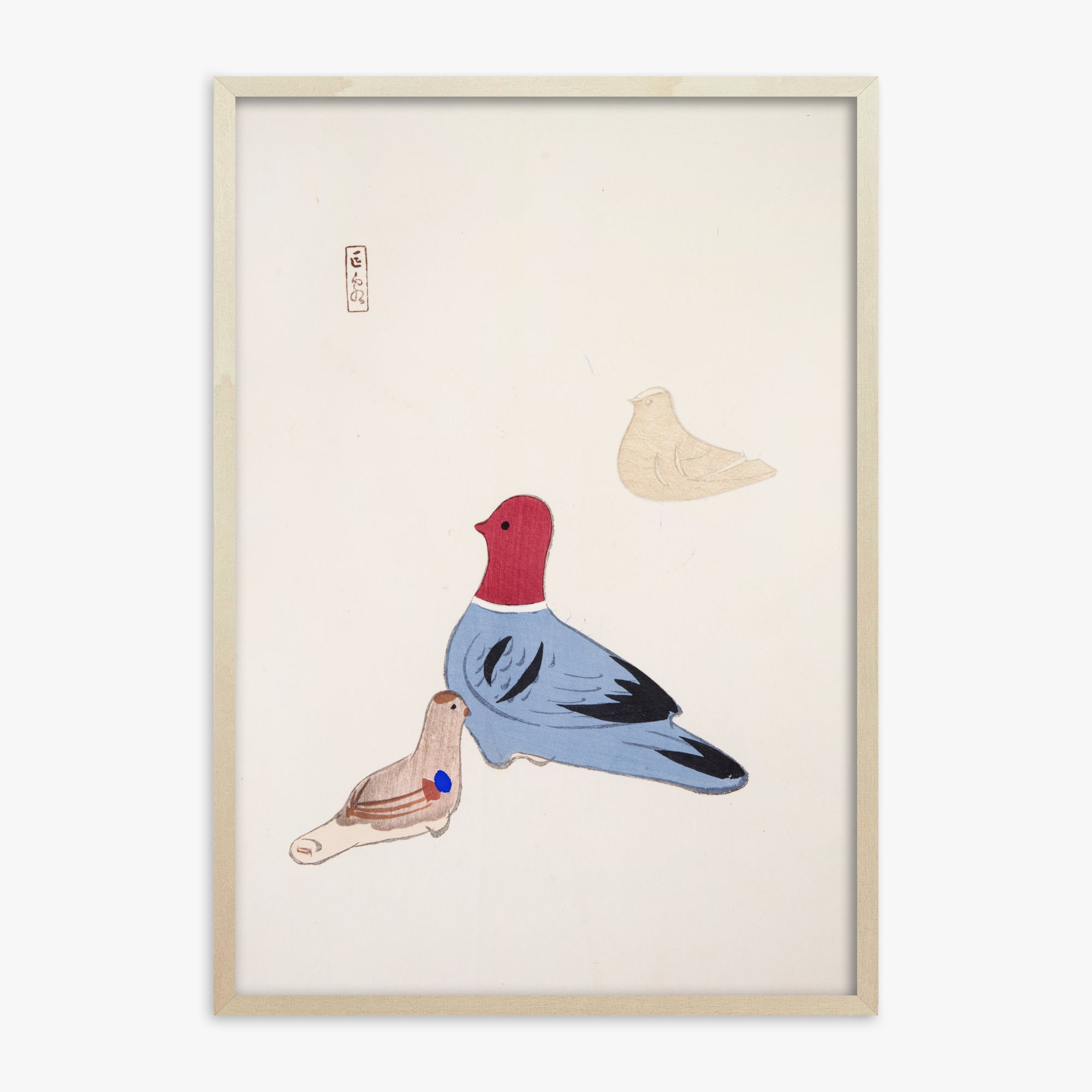 Kawasaki Kyosen: Kyosen’s Collected Illustrations of Japanese Toys Nr. 36 ("Serene Aviary Trio"), 70x100cm Framed Art Reproduction With Lime Wood Frame