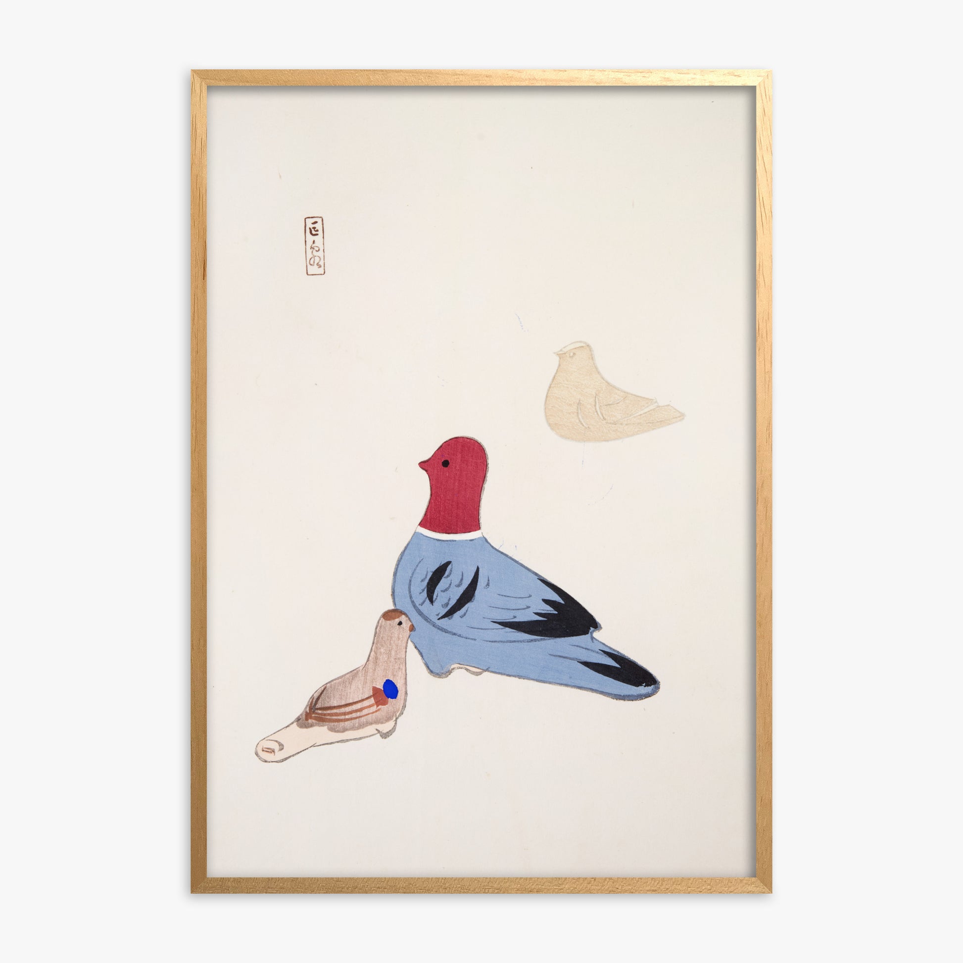 Kawasaki Kyosen: Kyosen’s Collected Illustrations of Japanese Toys Nr. 36 ("Serene Aviary Trio"), Oak Framed Art Reproduction With Oak Frame