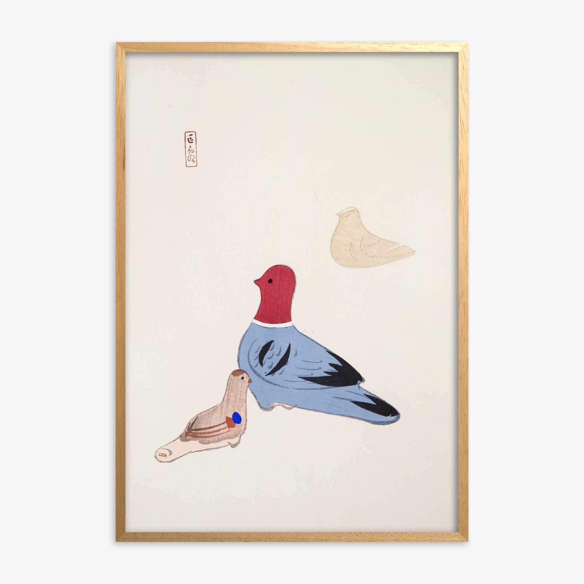 Kawasaki Kyosen: Kyosen’s Collected Illustrations of Japanese Toys Nr. 36 ("Serene Aviary Trio"), Oak Framed Art Reproduction With Oak Frame