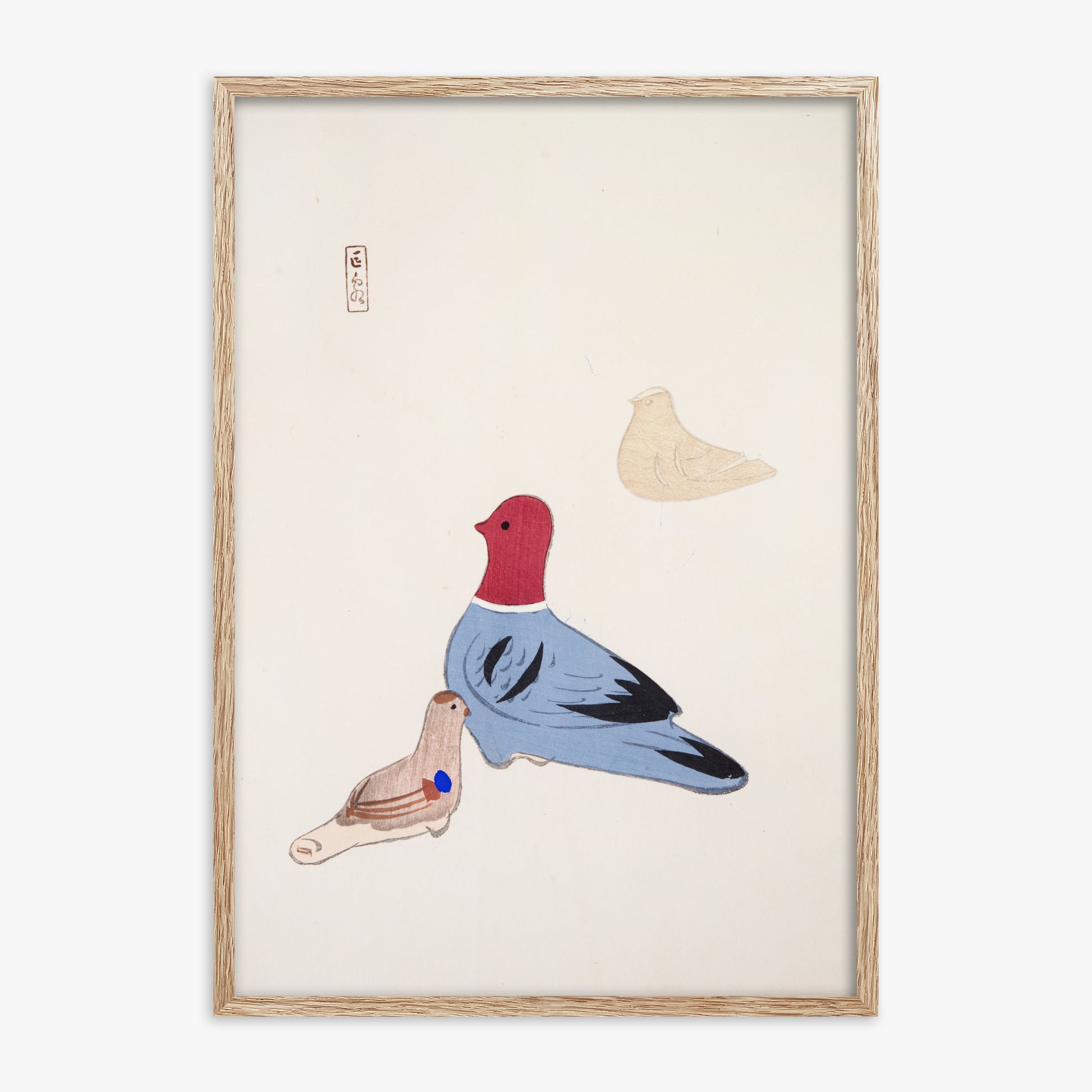 Kawasaki Kyosen: Kyosen’s Collected Illustrations of Japanese Toys Nr. 36 ("Serene Aviary Trio"), 70x100cm Framed Art Reproduction With Raw Oak Frame