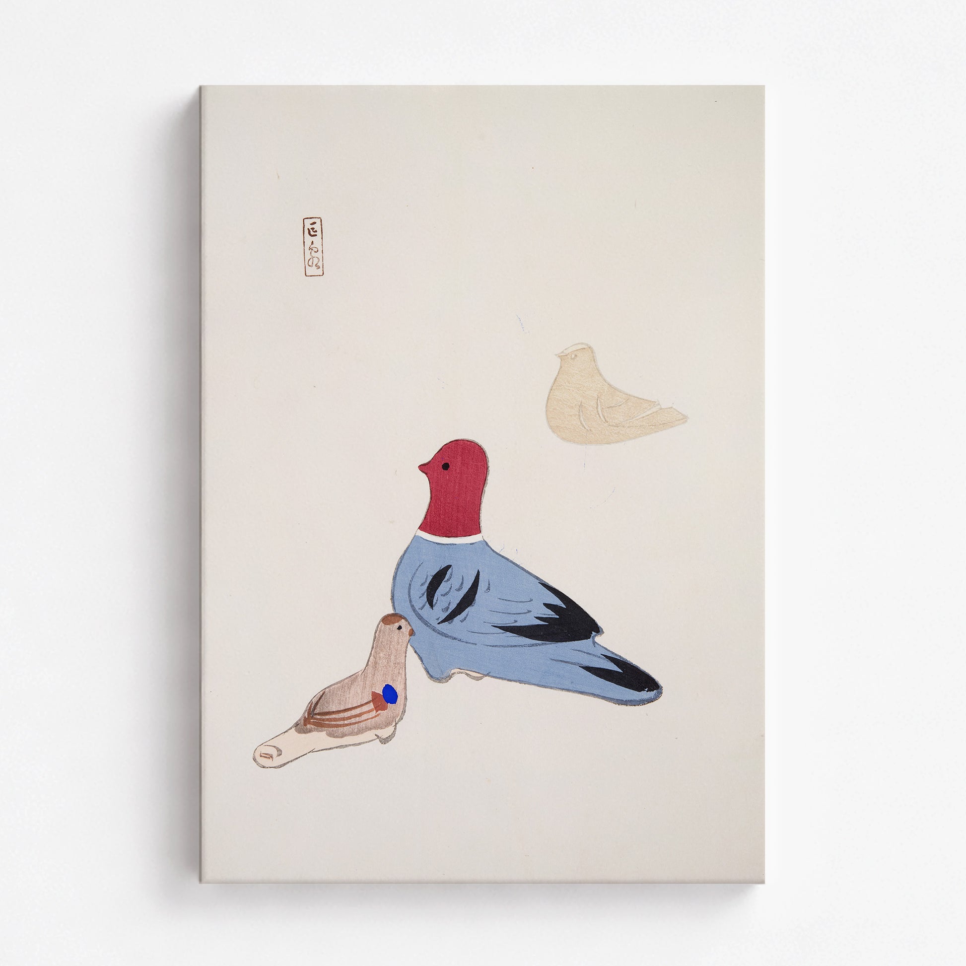 Kawasaki Kyosen: Kyosen’s Collected Illustrations of Japanese Toys Nr. 36 ("Serene Aviary Trio"), 70x100cm Satin Canvas Art Reproduction