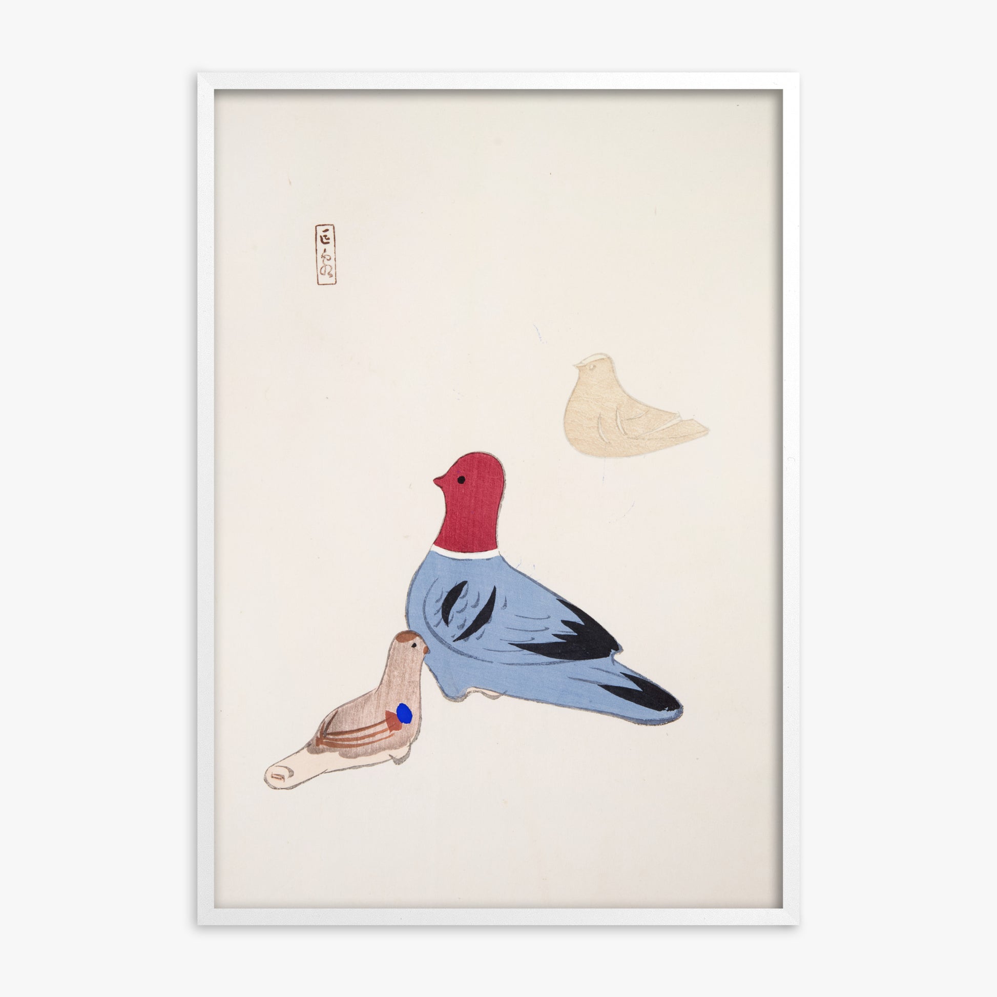 Kawasaki Kyosen: Kyosen’s Collected Illustrations of Japanese Toys Nr. 36 ("Serene Aviary Trio"), White Framed Art Reproduction With White Frame