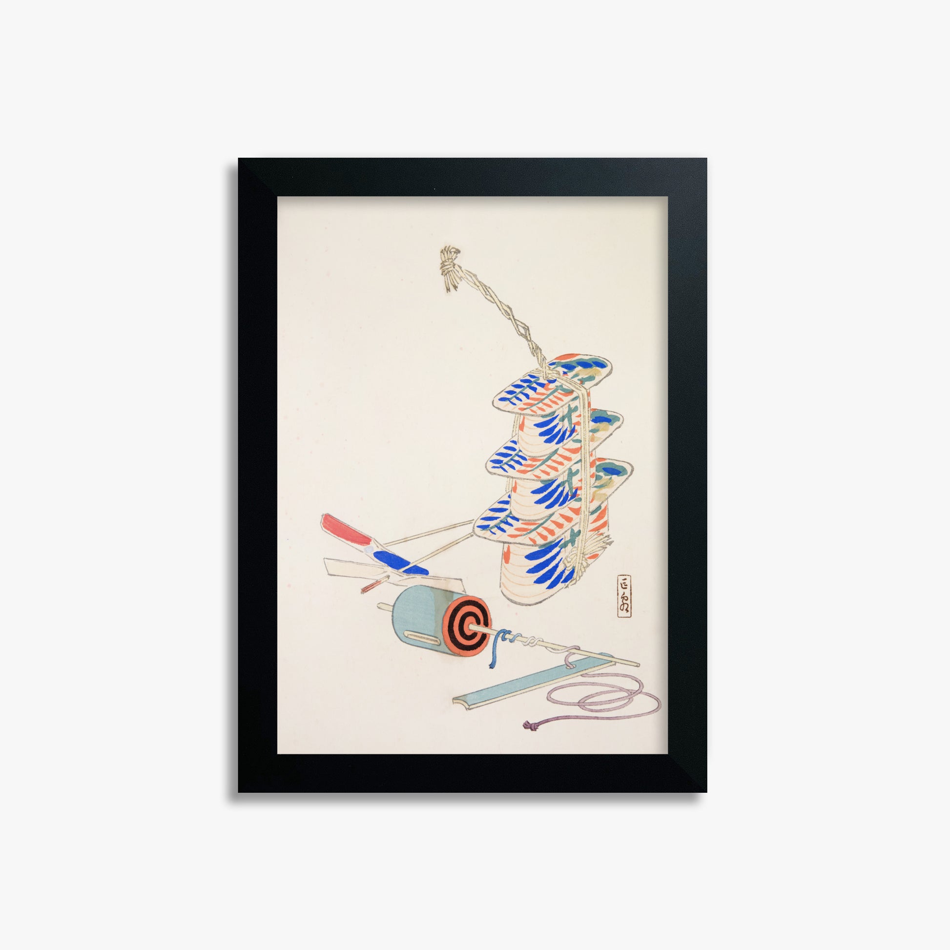 Kawasaki Kyosen: Kyosen’s Collected Illustrations of Japanese Toys Nr. 37 ("Nostalgic Winds: Japanese Childhood Treasures"), 21x30cm Framed Art Reproduction With Black Frame