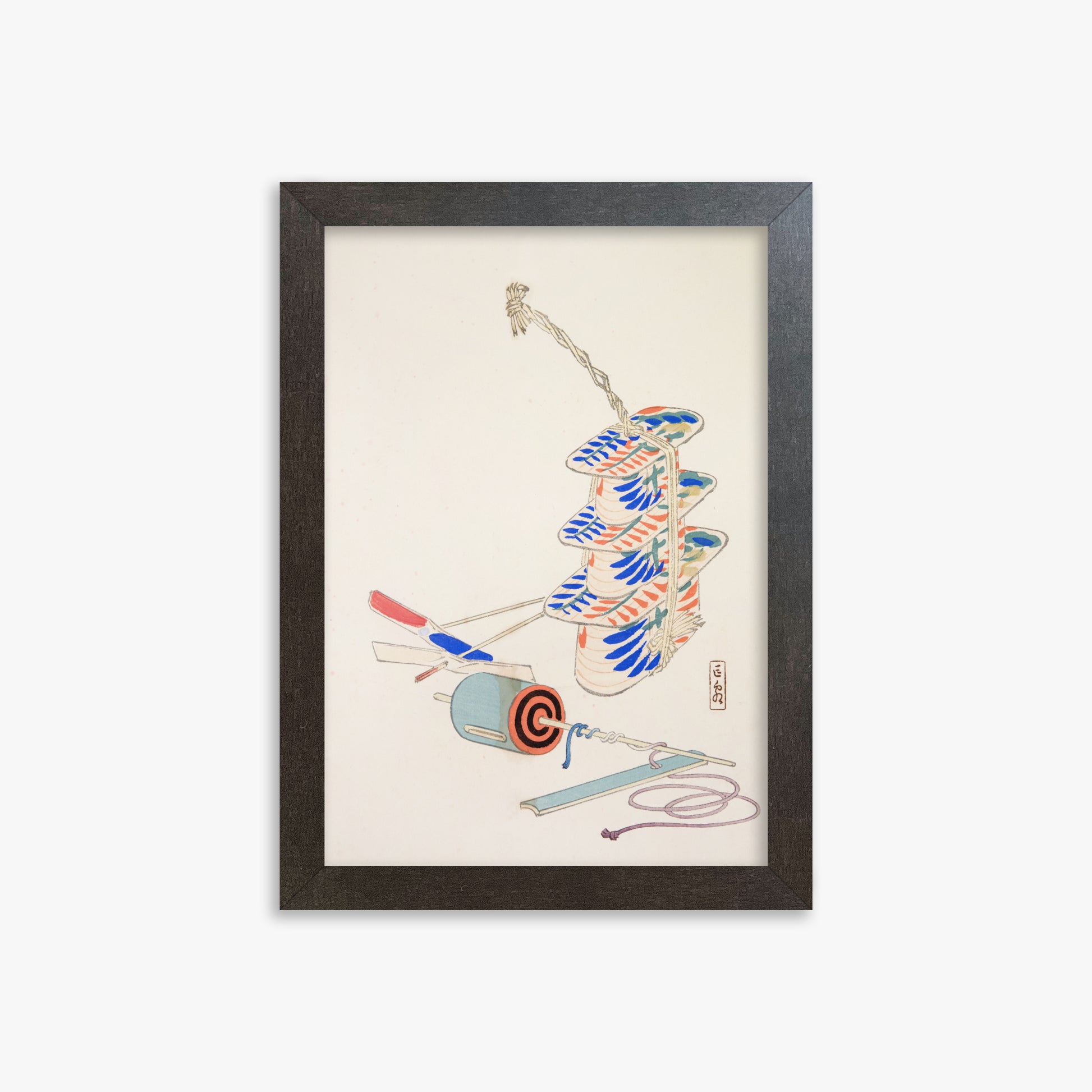 Kawasaki Kyosen: Kyosen’s Collected Illustrations of Japanese Toys Nr. 37 ("Nostalgic Winds: Japanese Childhood Treasures"), 21x30cm Framed Art Reproduction With Espresso Frame