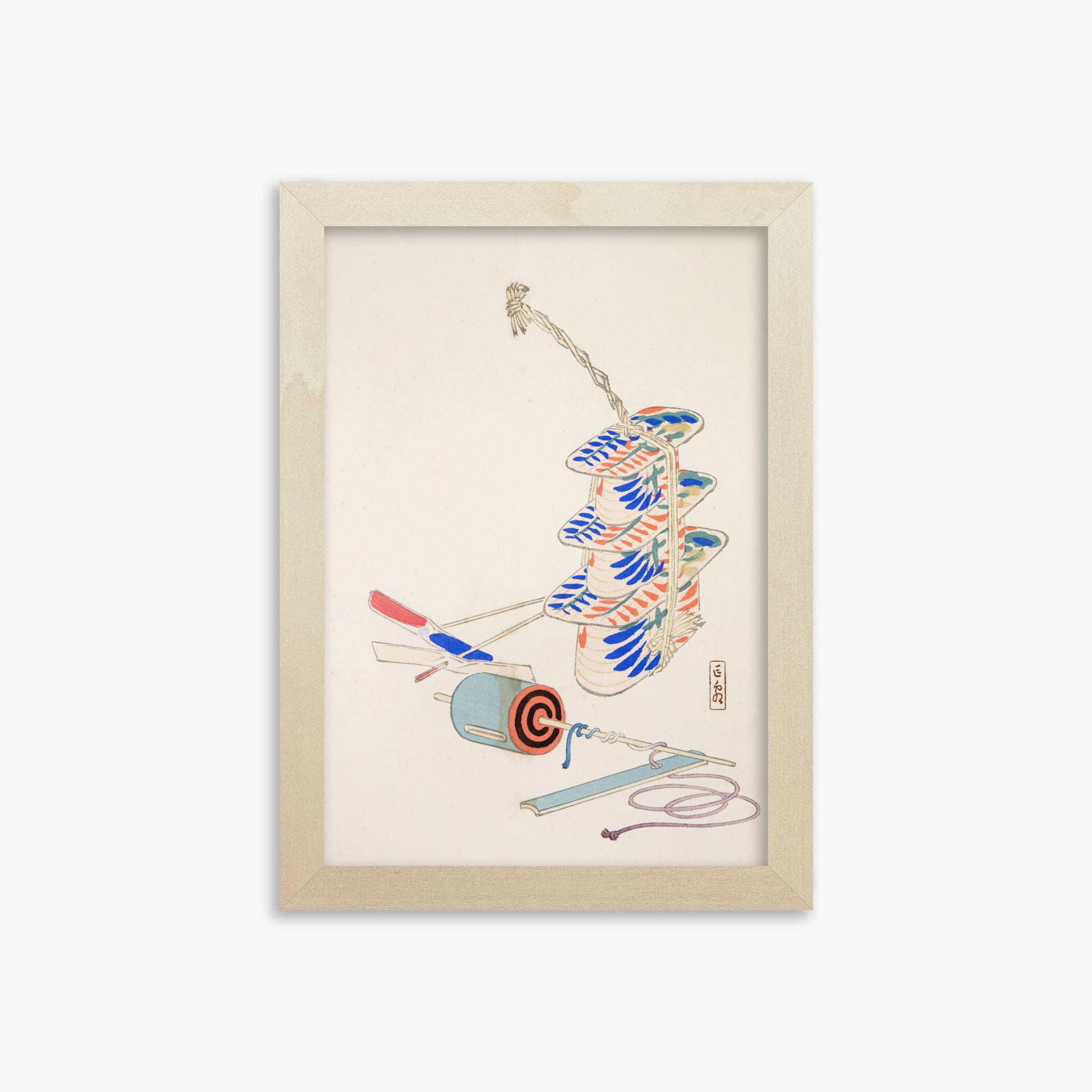 Kawasaki Kyosen: Kyosen’s Collected Illustrations of Japanese Toys Nr. 37 ("Nostalgic Winds: Japanese Childhood Treasures"), 21x30cm Framed Art Reproduction With Lime Wood Frame