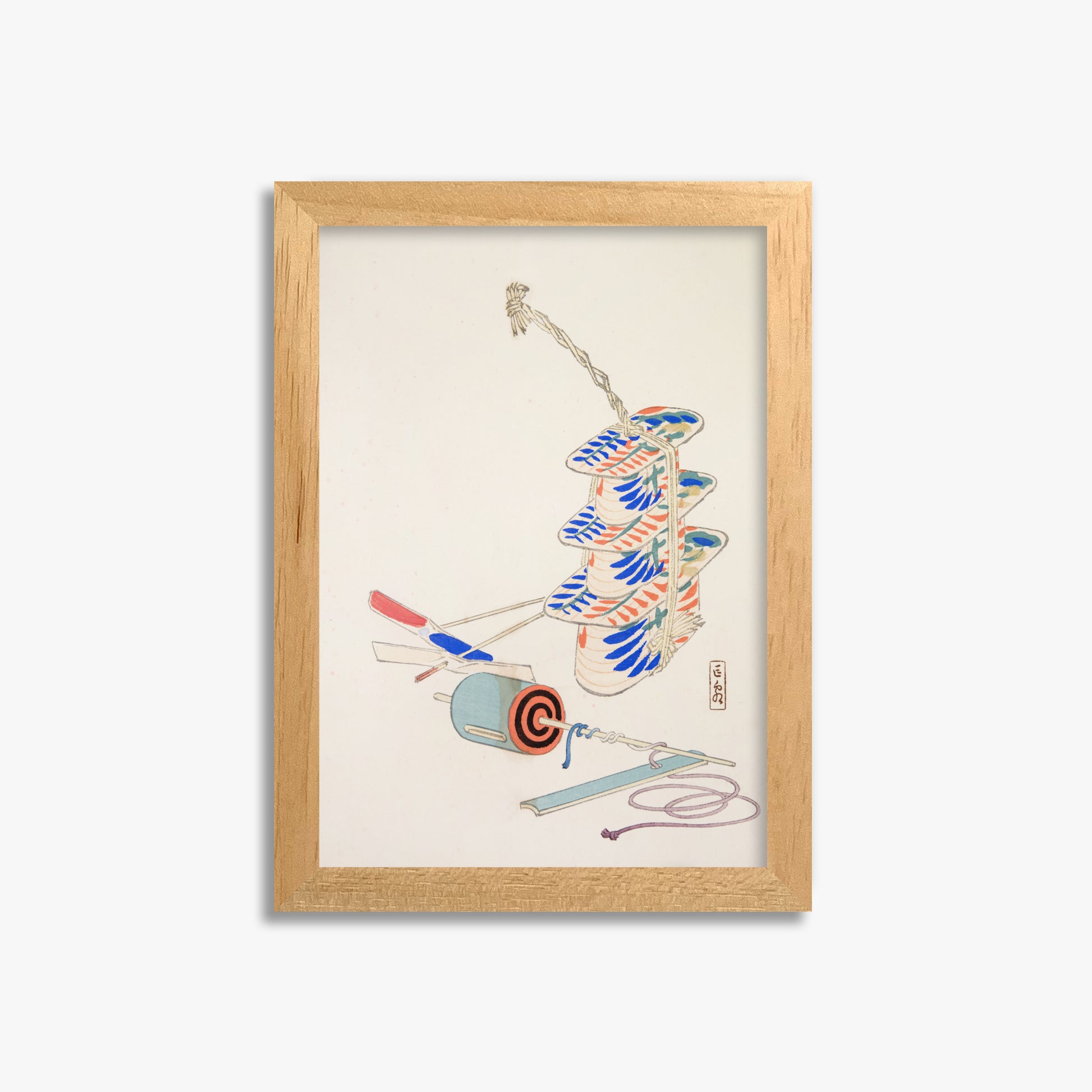 Kawasaki Kyosen: Kyosen’s Collected Illustrations of Japanese Toys Nr. 37 ("Nostalgic Winds: Japanese Childhood Treasures"), 21x30cm Framed Art Reproduction With Oak Frame