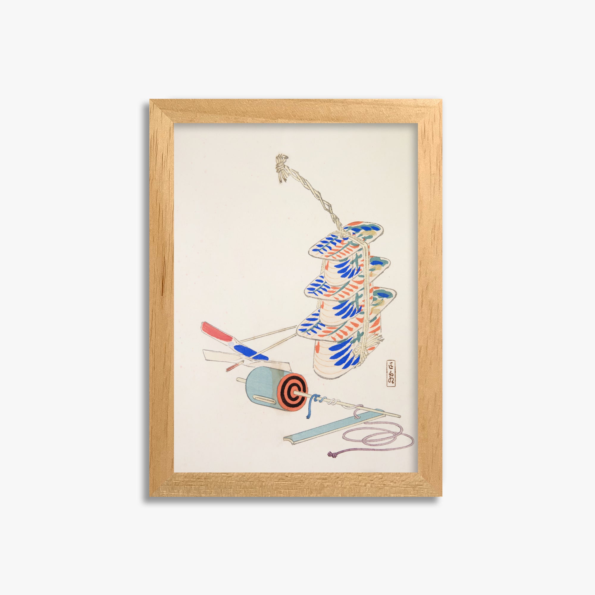 Kawasaki Kyosen: Kyosen’s Collected Illustrations of Japanese Toys Nr. 37 ("Nostalgic Winds: Japanese Childhood Treasures"), 21x30cm Framed Art Reproduction With Oak Frame