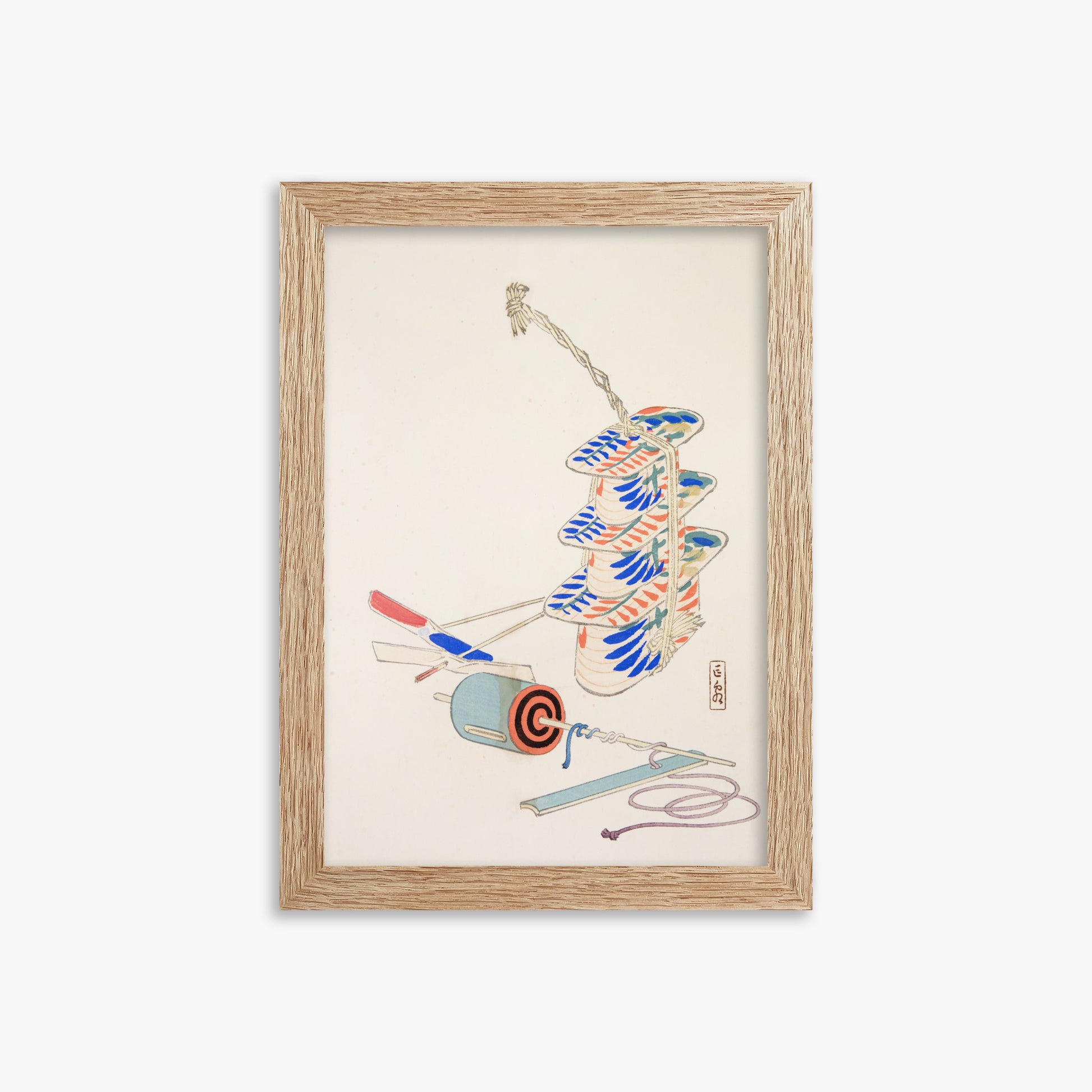 Kawasaki Kyosen: Kyosen’s Collected Illustrations of Japanese Toys Nr. 37 ("Nostalgic Winds: Japanese Childhood Treasures"), 21x30cm Framed Art Reproduction With Raw Oak Frame