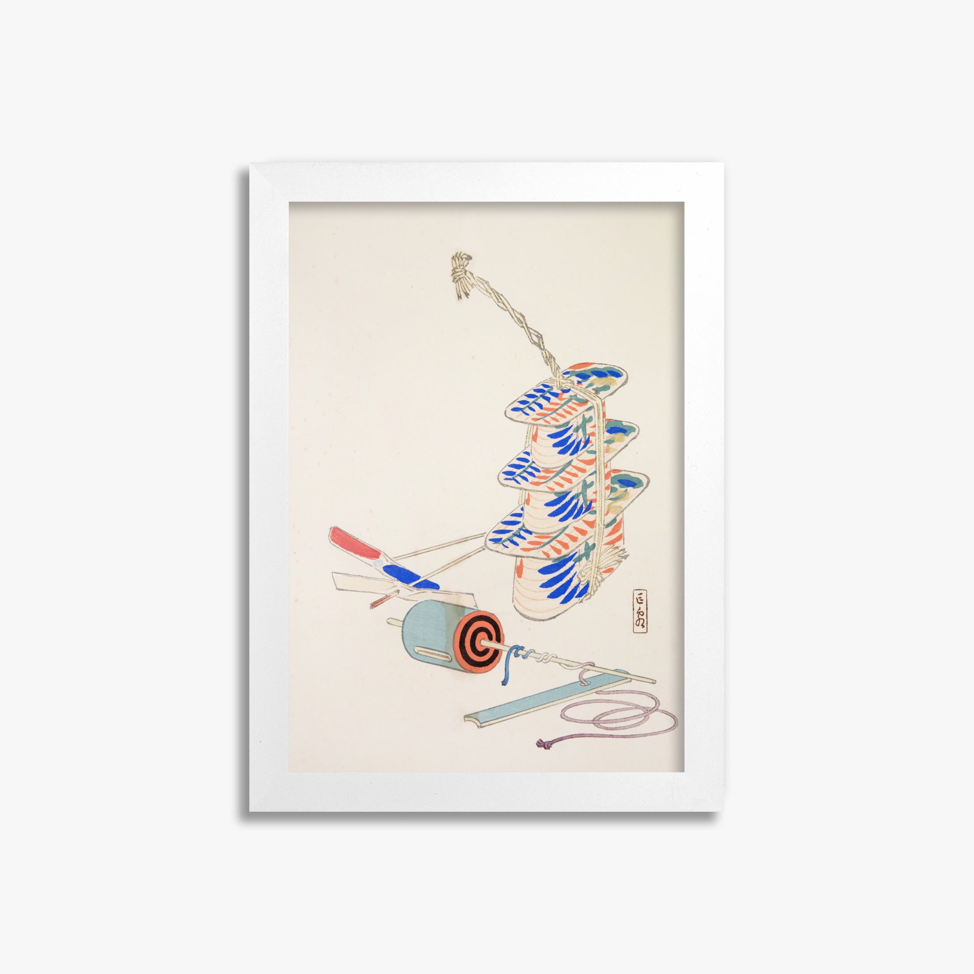 Kawasaki Kyosen: Kyosen’s Collected Illustrations of Japanese Toys Nr. 37 ("Nostalgic Winds: Japanese Childhood Treasures"), 21x30cm Framed Art Reproduction With White Frame