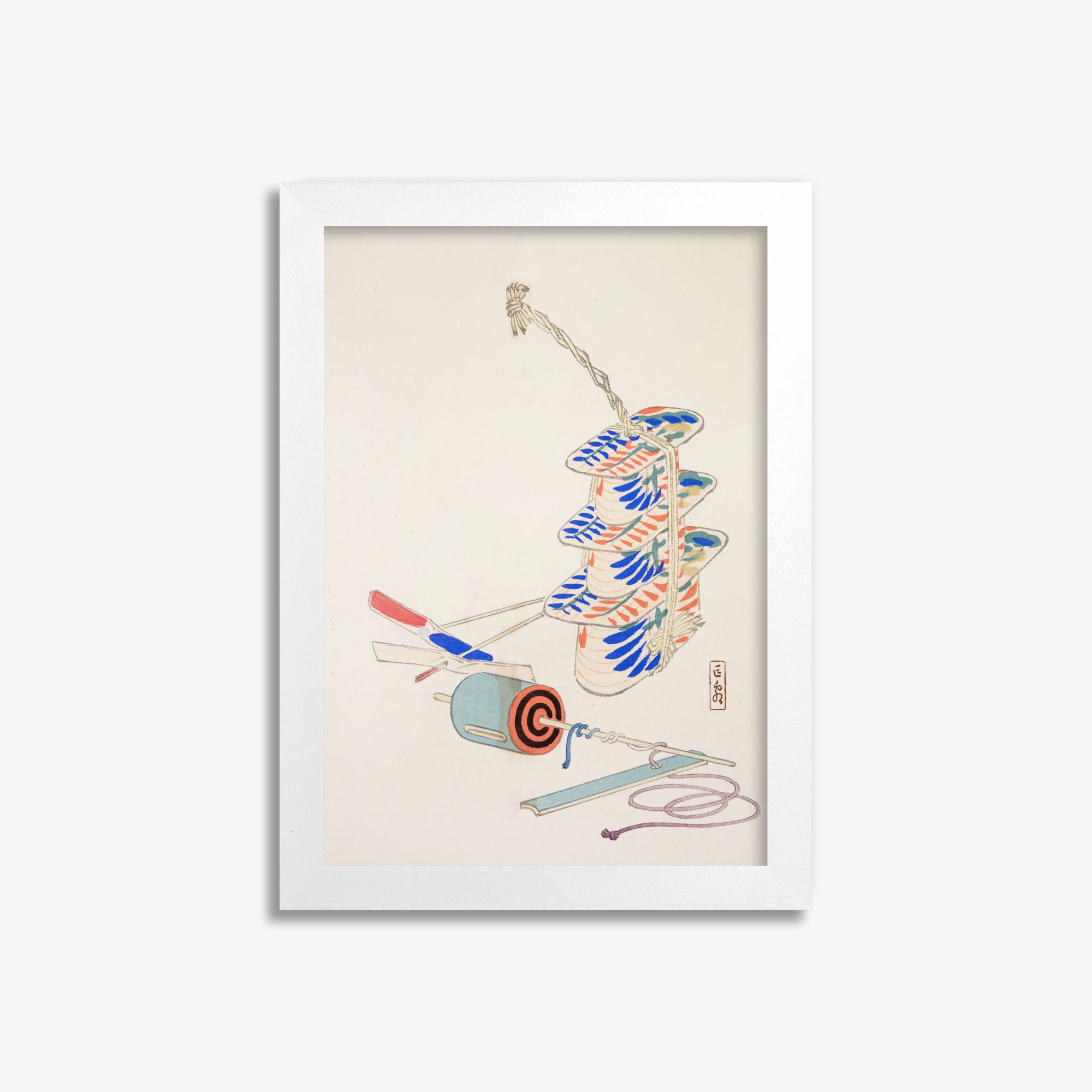 Kawasaki Kyosen: Kyosen’s Collected Illustrations of Japanese Toys Nr. 37 ("Nostalgic Winds: Japanese Childhood Treasures"), 21x30cm Framed Art Reproduction With White Frame