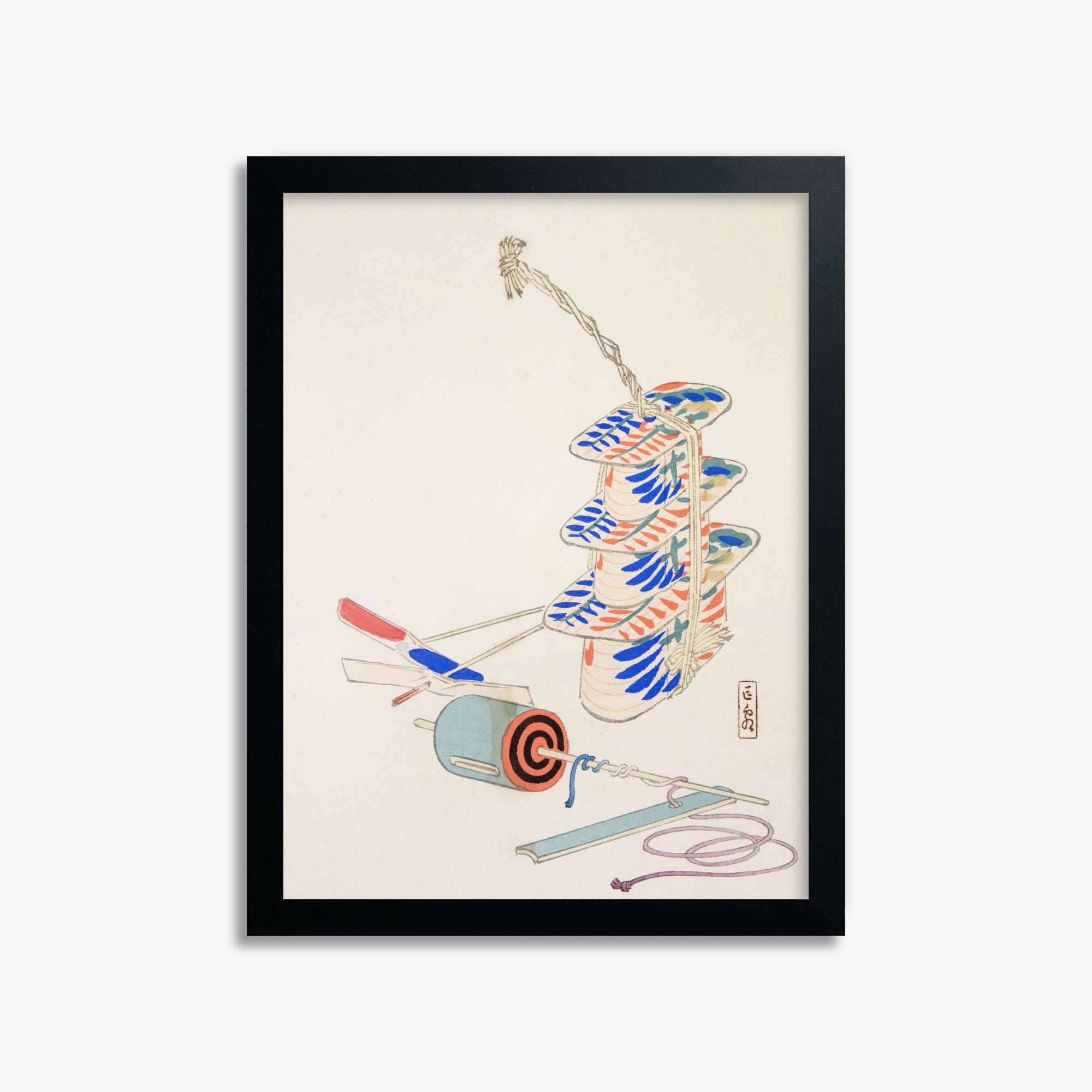 Kawasaki Kyosen: Kyosen’s Collected Illustrations of Japanese Toys Nr. 37 ("Nostalgic Winds: Japanese Childhood Treasures"), 30x40cm Framed Art Reproduction With Black Frame