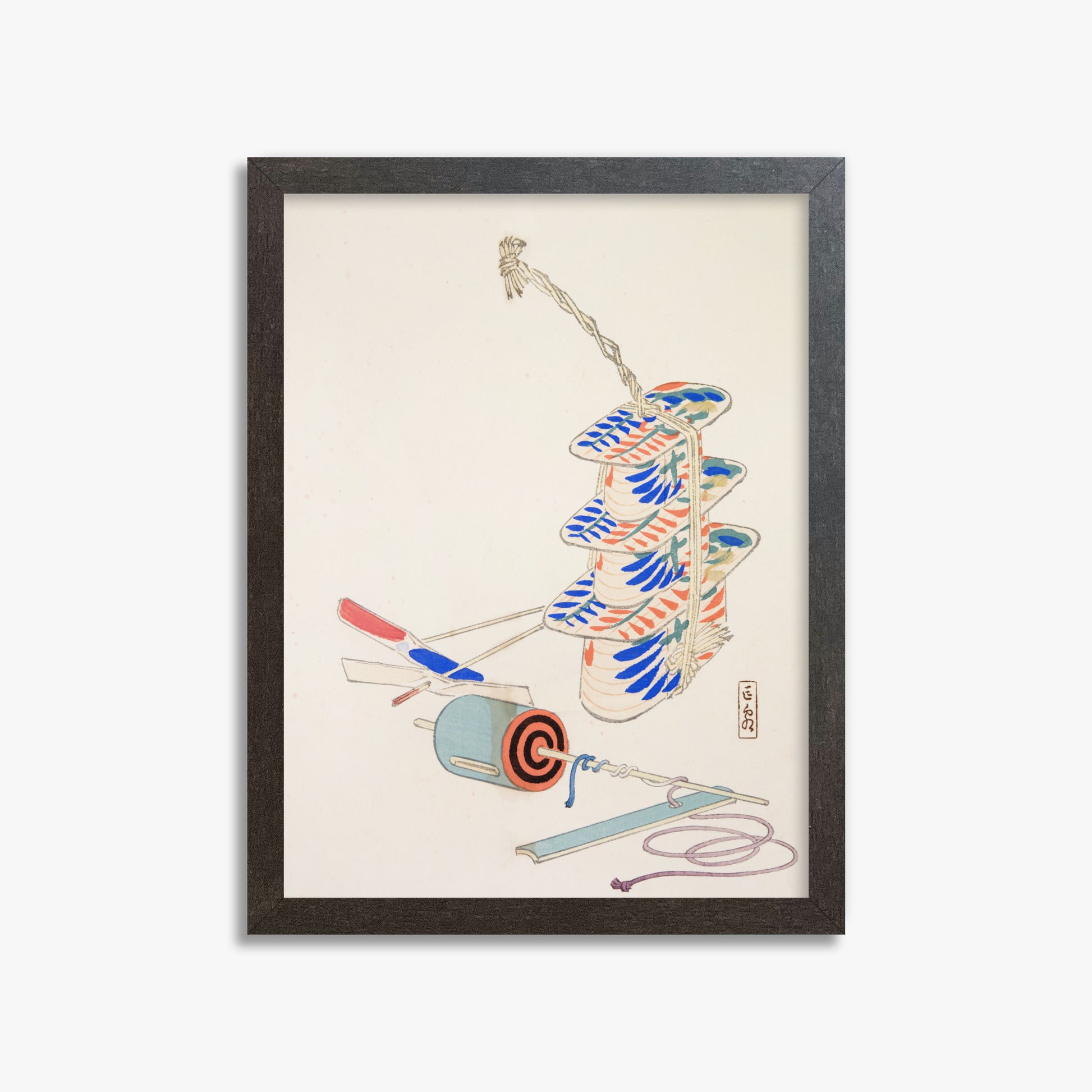 Kawasaki Kyosen: Kyosen’s Collected Illustrations of Japanese Toys Nr. 37 ("Nostalgic Winds: Japanese Childhood Treasures"), 30x40cm Framed Art Reproduction With Espresso Frame