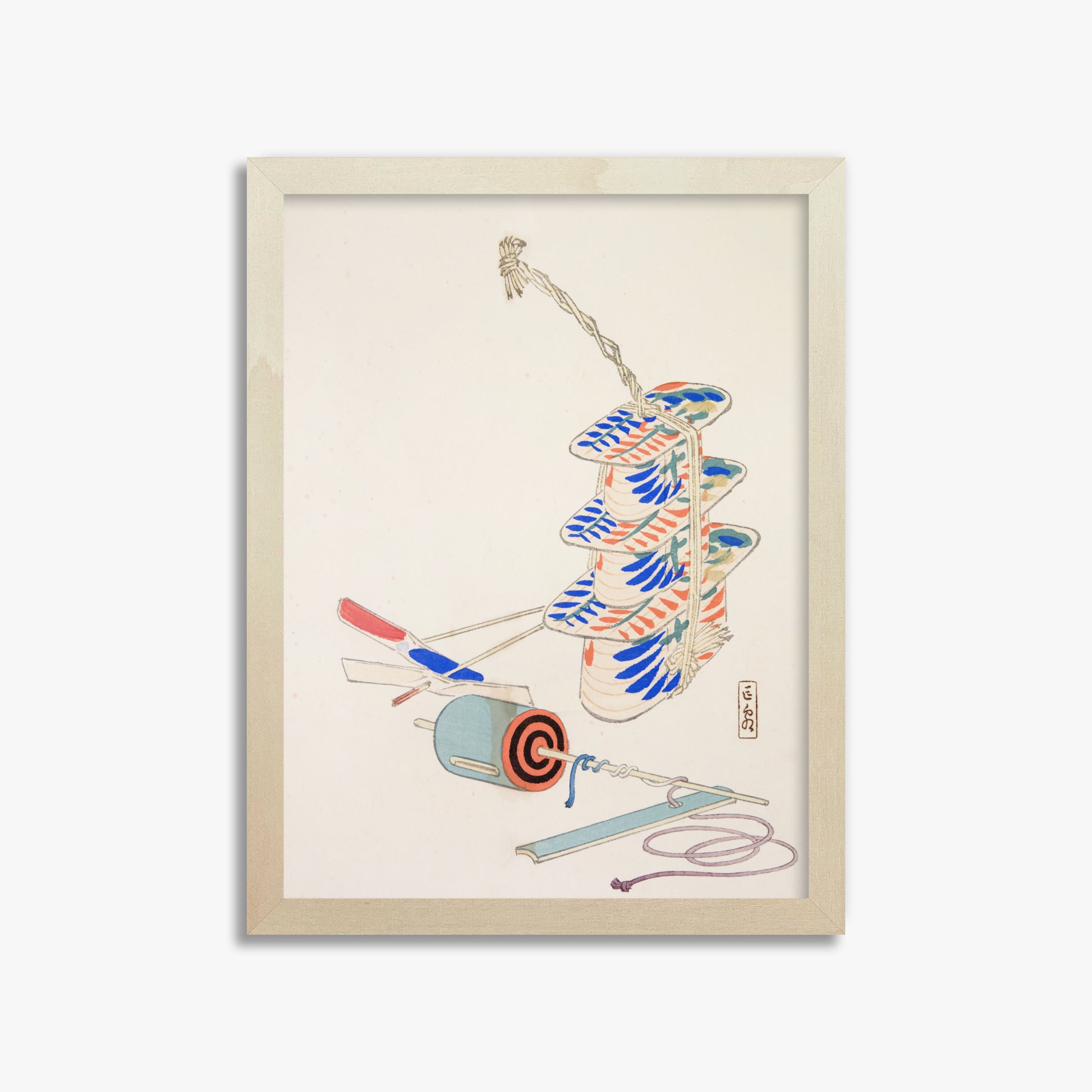 Kawasaki Kyosen: Kyosen’s Collected Illustrations of Japanese Toys Nr. 37 ("Nostalgic Winds: Japanese Childhood Treasures"), 30x40cm Framed Art Reproduction With Lime Wood Frame