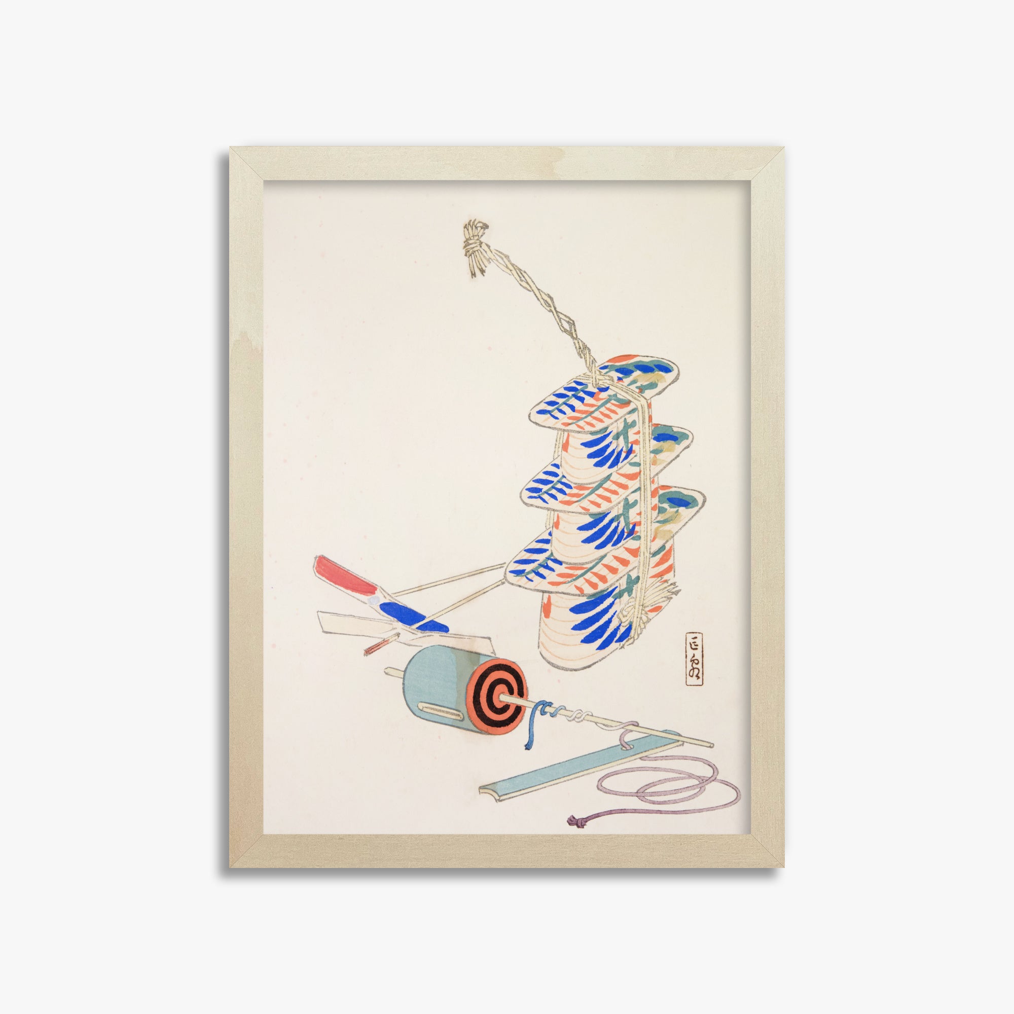 Kawasaki Kyosen: Kyosen’s Collected Illustrations of Japanese Toys Nr. 37 ("Nostalgic Winds: Japanese Childhood Treasures"), 30x40cm Framed Art Reproduction With Lime Wood Frame