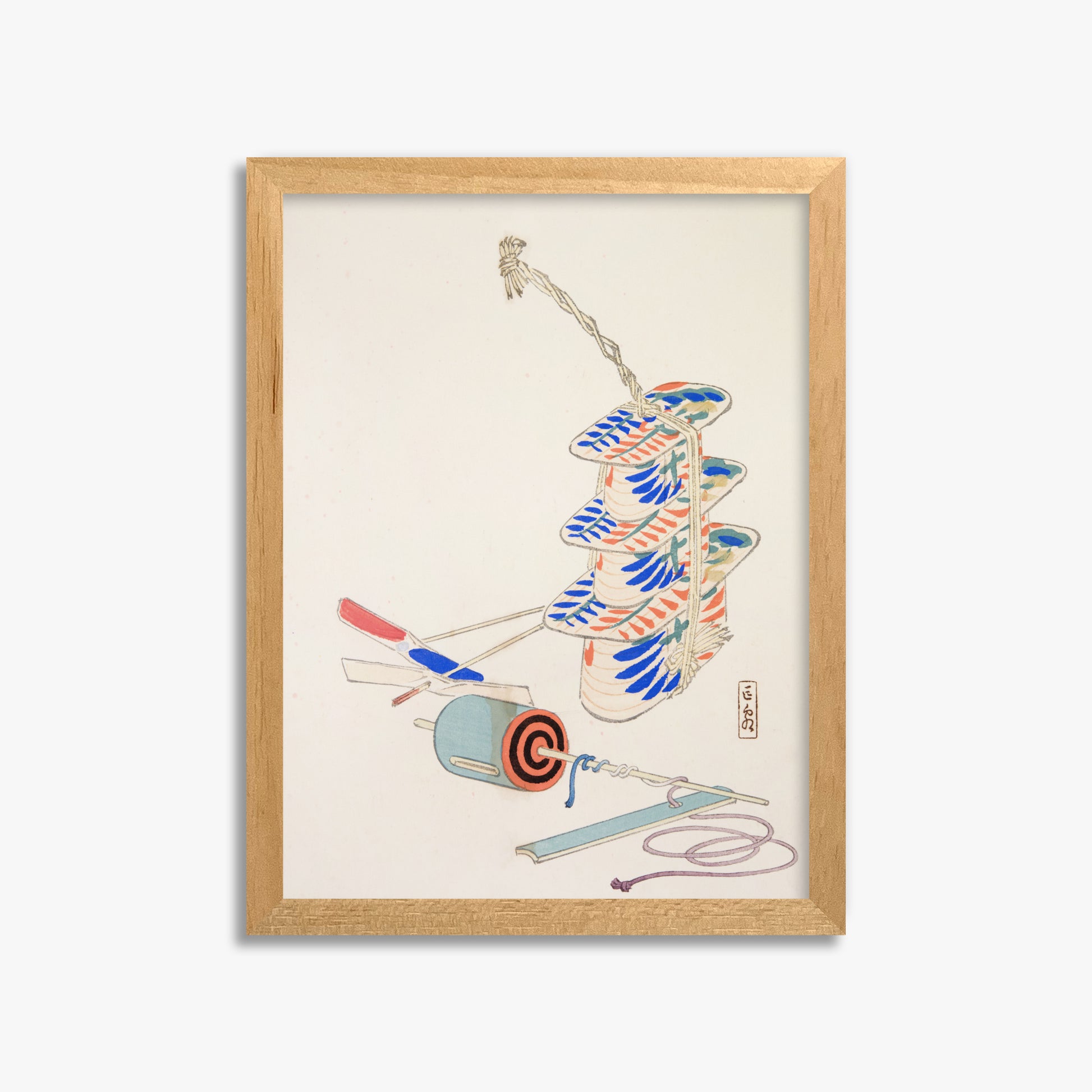 Kawasaki Kyosen: Kyosen’s Collected Illustrations of Japanese Toys Nr. 37 ("Nostalgic Winds: Japanese Childhood Treasures"), 30x40cm Framed Art Reproduction With Oak Frame