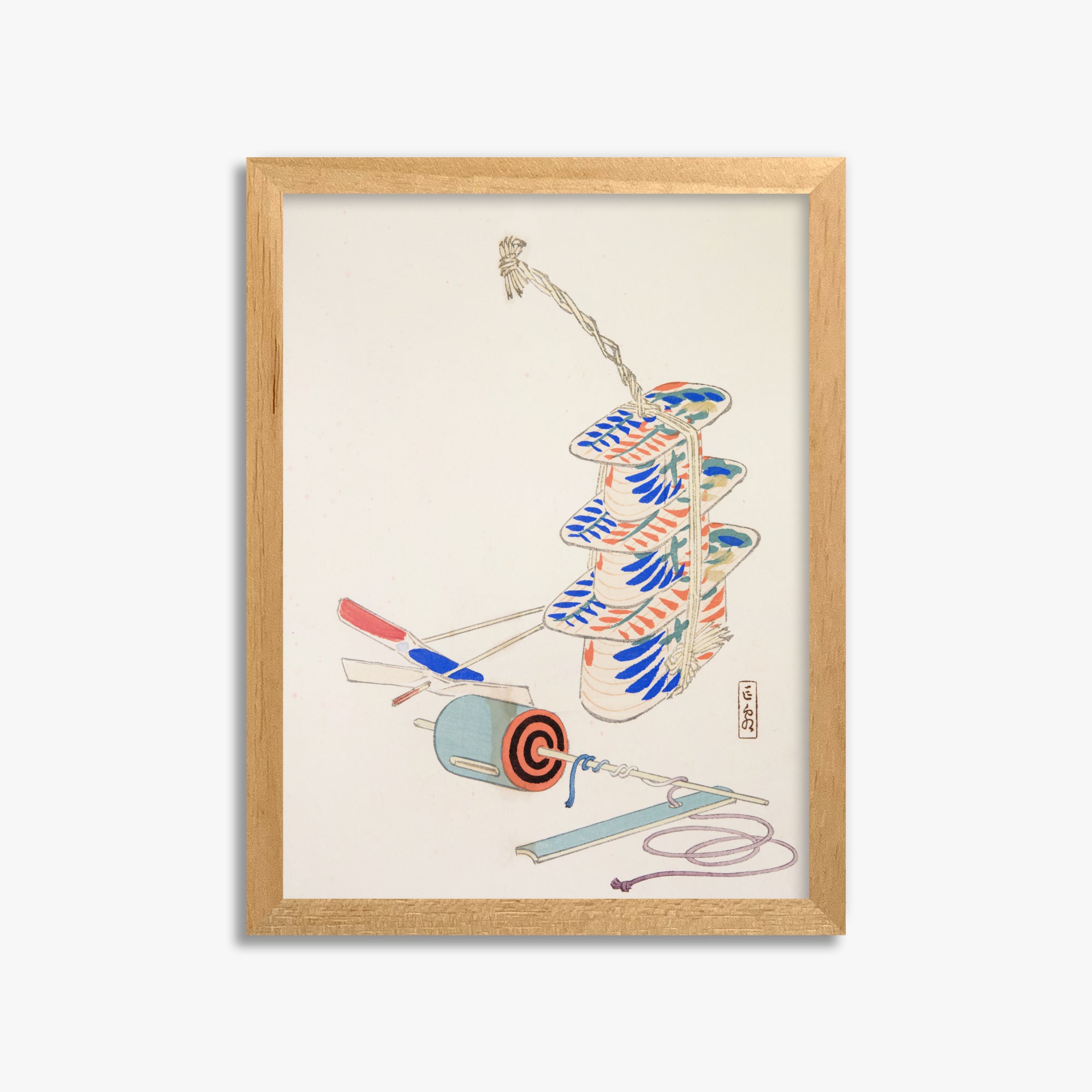 Kawasaki Kyosen: Kyosen’s Collected Illustrations of Japanese Toys Nr. 37 ("Nostalgic Winds: Japanese Childhood Treasures"), 30x40cm Framed Art Reproduction With Oak Frame