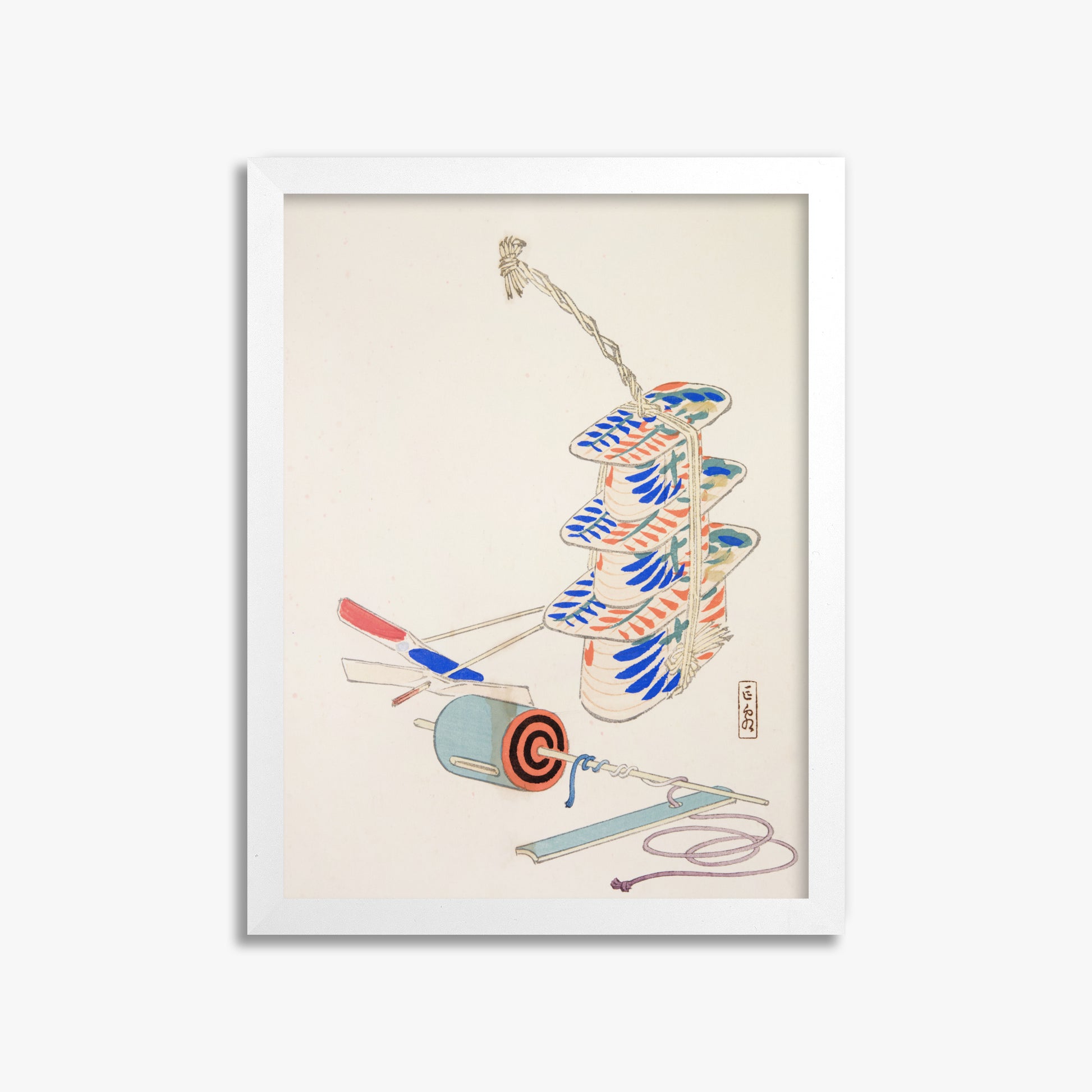 Kawasaki Kyosen: Kyosen’s Collected Illustrations of Japanese Toys Nr. 37 ("Nostalgic Winds: Japanese Childhood Treasures"), 30x40cm Framed Art Reproduction With White Frame