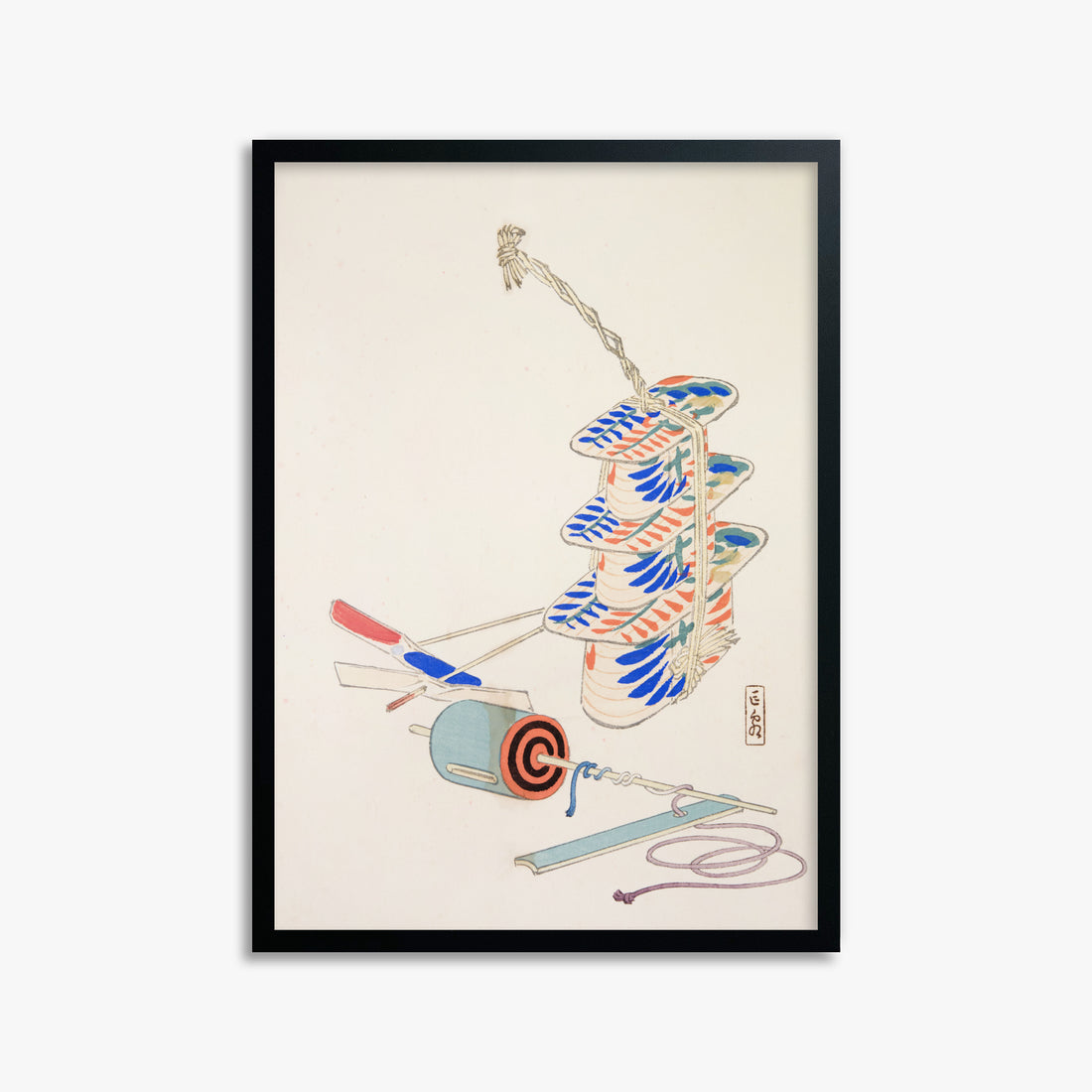 Kawasaki Kyosen: Kyosen’s Collected Illustrations of Japanese Toys Nr. 37 ("Nostalgic Winds: Japanese Childhood Treasures"), 50x70cm Framed Art Reproduction With Black Frame