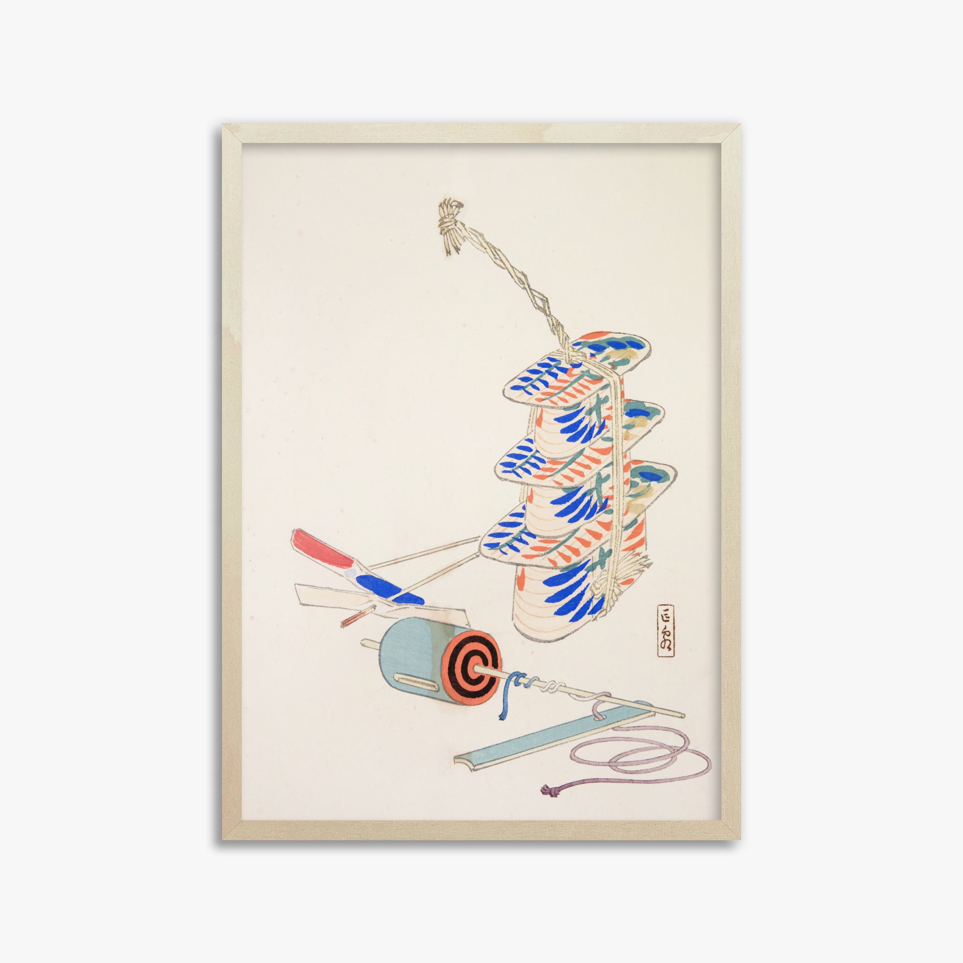 Kawasaki Kyosen: Kyosen’s Collected Illustrations of Japanese Toys Nr. 37 ("Nostalgic Winds: Japanese Childhood Treasures"), 50x70cm Framed Art Reproduction With Lime Wood Frame