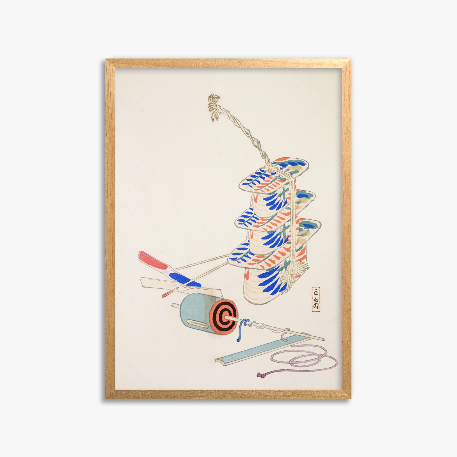 Kawasaki Kyosen: Kyosen’s Collected Illustrations of Japanese Toys Nr. 37 ("Nostalgic Winds: Japanese Childhood Treasures"), 50x70cm Framed Art Reproduction With Oak Frame