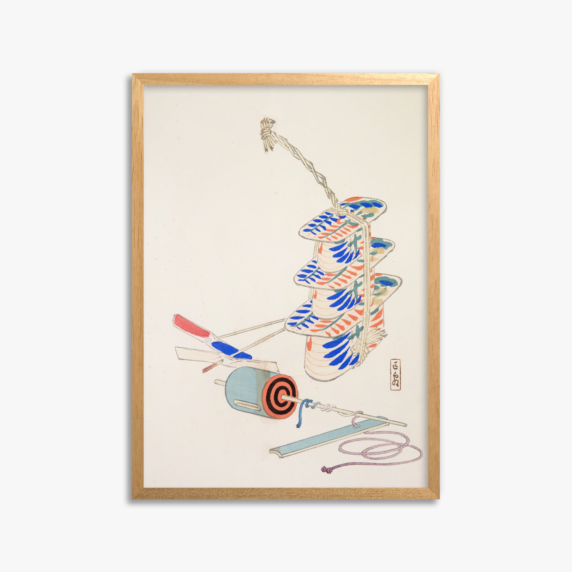 Kawasaki Kyosen: Kyosen’s Collected Illustrations of Japanese Toys Nr. 37 ("Nostalgic Winds: Japanese Childhood Treasures"), 50x70cm Framed Art Reproduction With Oak Frame
