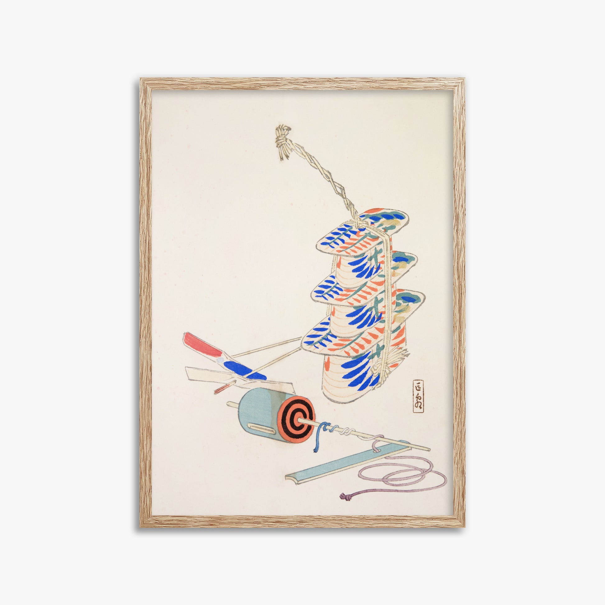 Kawasaki Kyosen: Kyosen’s Collected Illustrations of Japanese Toys Nr. 37 ("Nostalgic Winds: Japanese Childhood Treasures"), 50x70cm Framed Art Reproduction With Raw Oak Frame