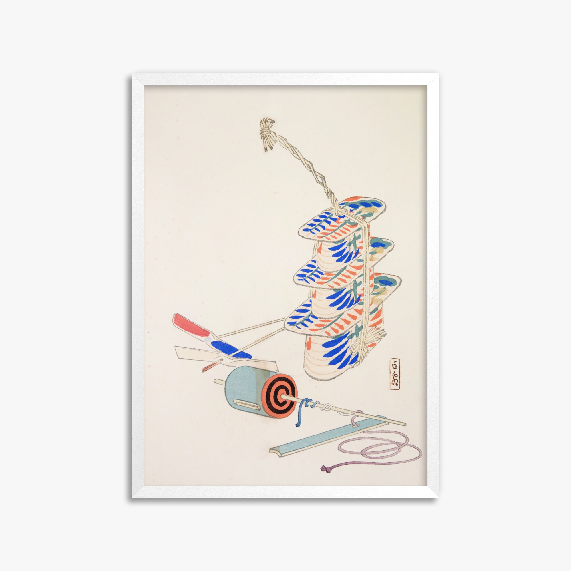 Kawasaki Kyosen: Kyosen’s Collected Illustrations of Japanese Toys Nr. 37 ("Nostalgic Winds: Japanese Childhood Treasures"), 50x70cm Framed Art Reproduction With White Frame