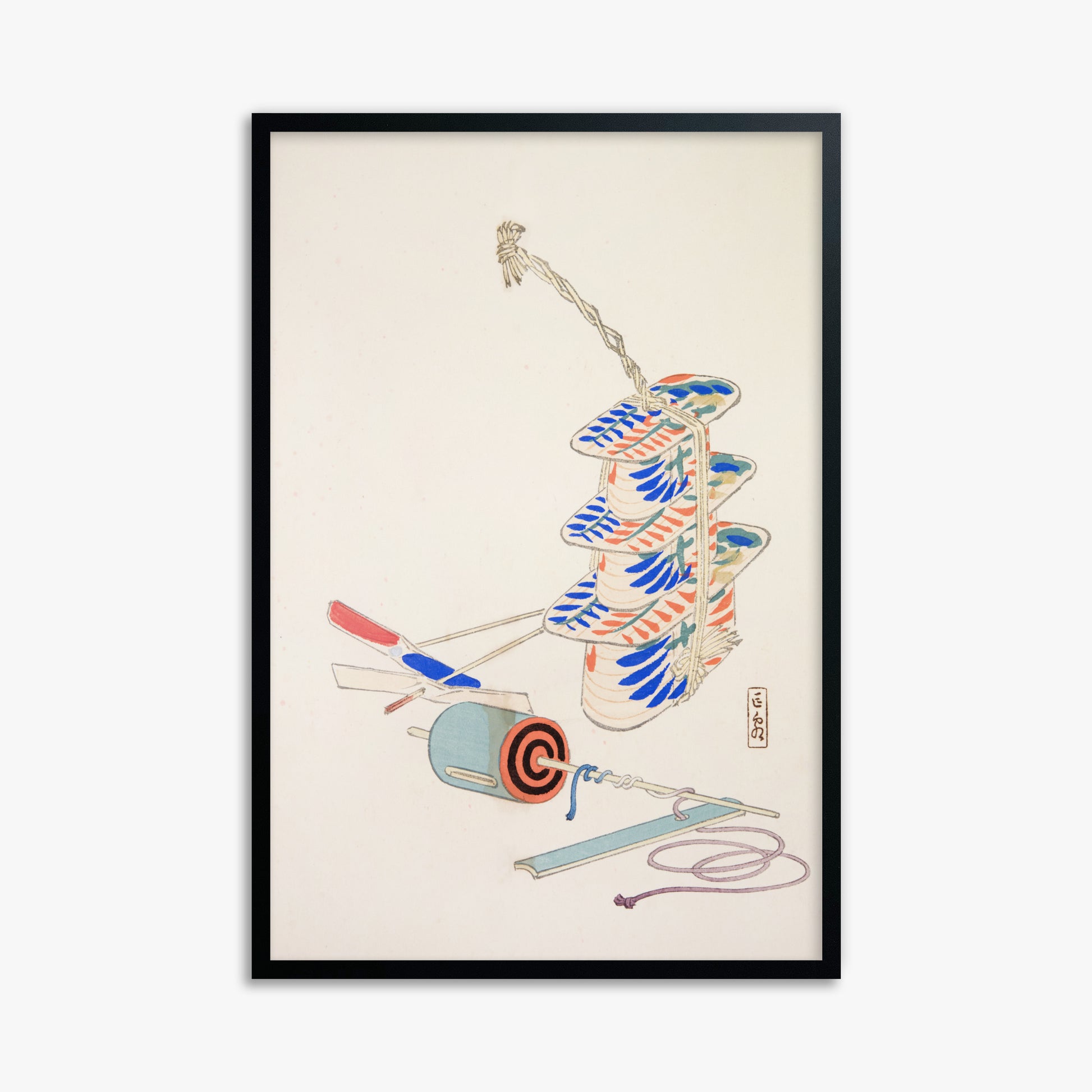 Kawasaki Kyosen: Kyosen’s Collected Illustrations of Japanese Toys Nr. 37 ("Nostalgic Winds: Japanese Childhood Treasures"), 61x91cm Framed Art Reproduction With Black Frame