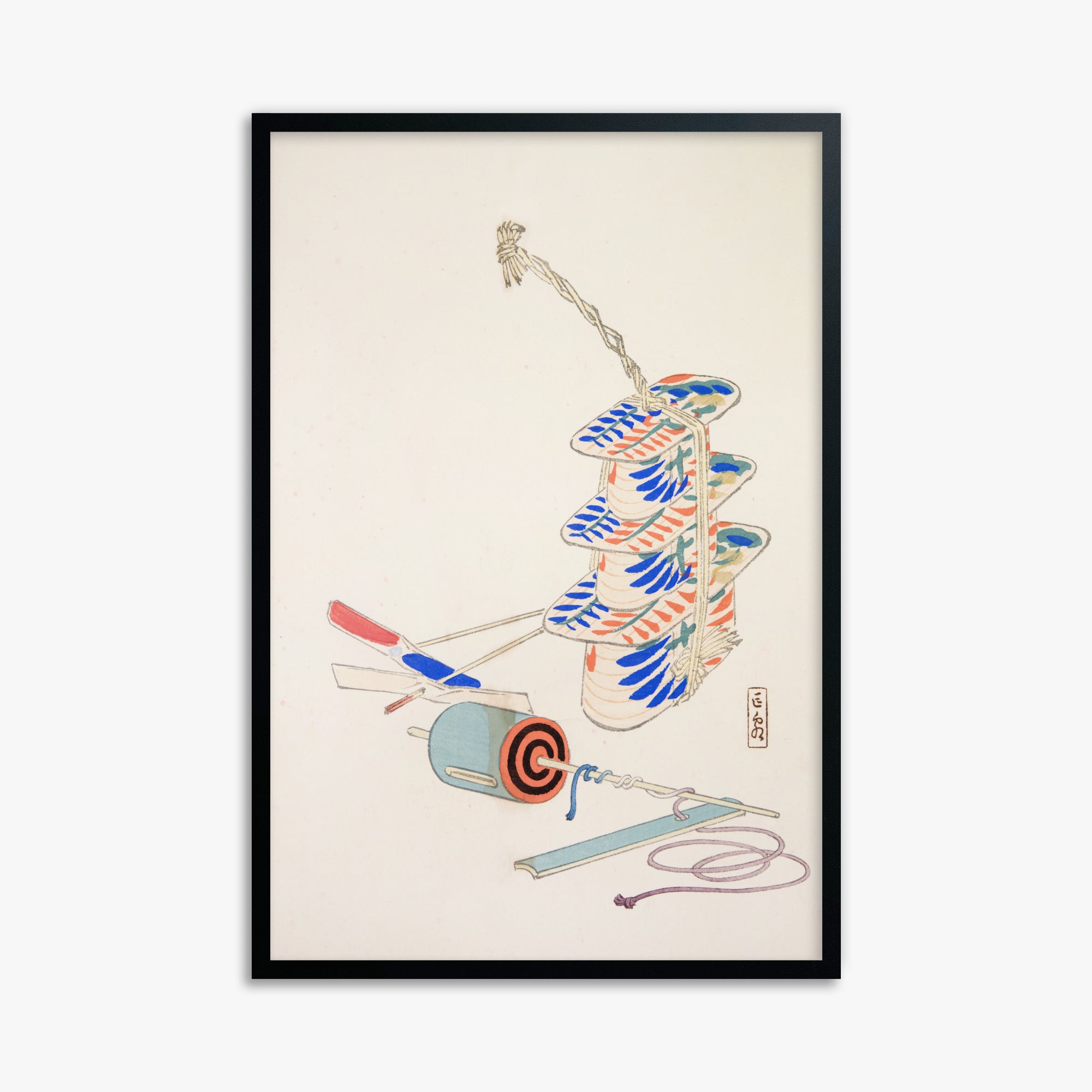 Kawasaki Kyosen: Kyosen’s Collected Illustrations of Japanese Toys Nr. 37 ("Nostalgic Winds: Japanese Childhood Treasures"), 61x91cm Framed Art Reproduction With Black Frame