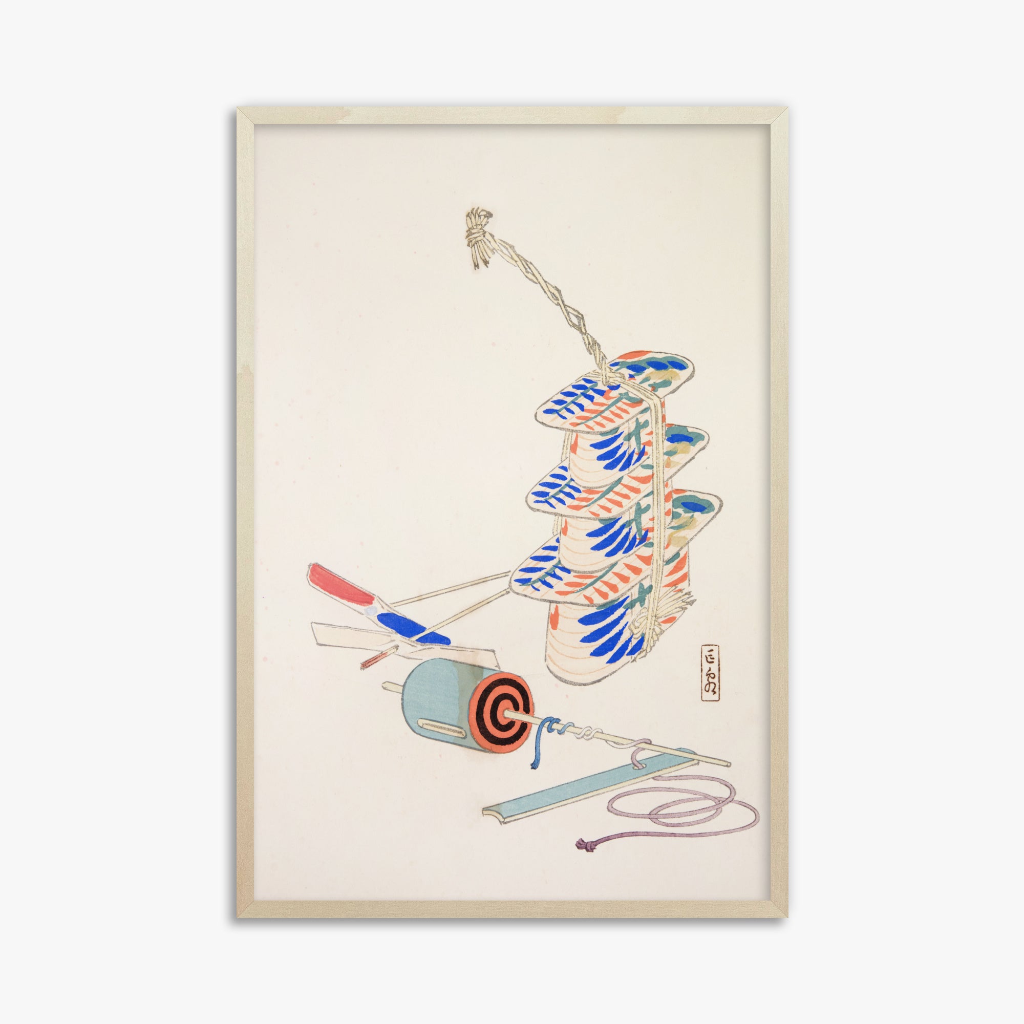 Kawasaki Kyosen: Kyosen’s Collected Illustrations of Japanese Toys Nr. 37 ("Nostalgic Winds: Japanese Childhood Treasures"), 61x91cm Framed Art Reproduction With Lime Wood Frame