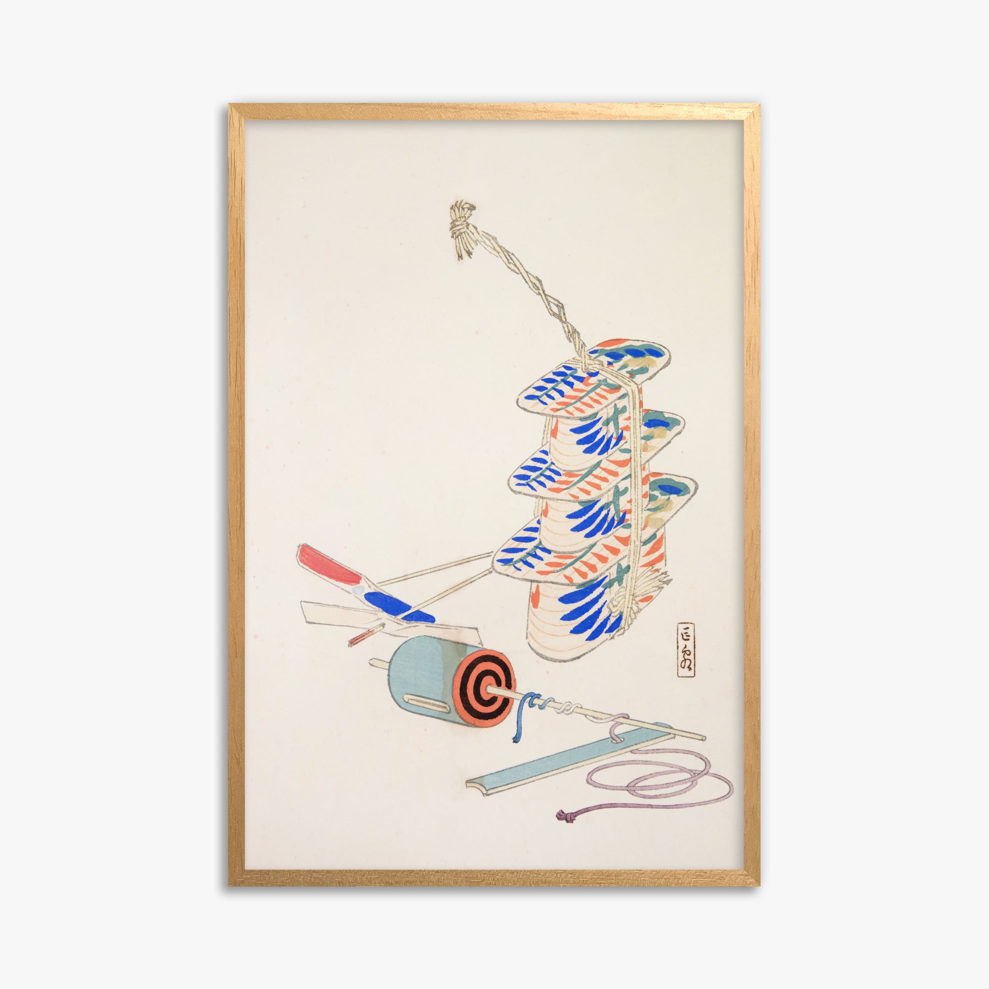 Kawasaki Kyosen: Kyosen’s Collected Illustrations of Japanese Toys Nr. 37 ("Nostalgic Winds: Japanese Childhood Treasures"), 61x91cm Framed Art Reproduction With Oak Frame