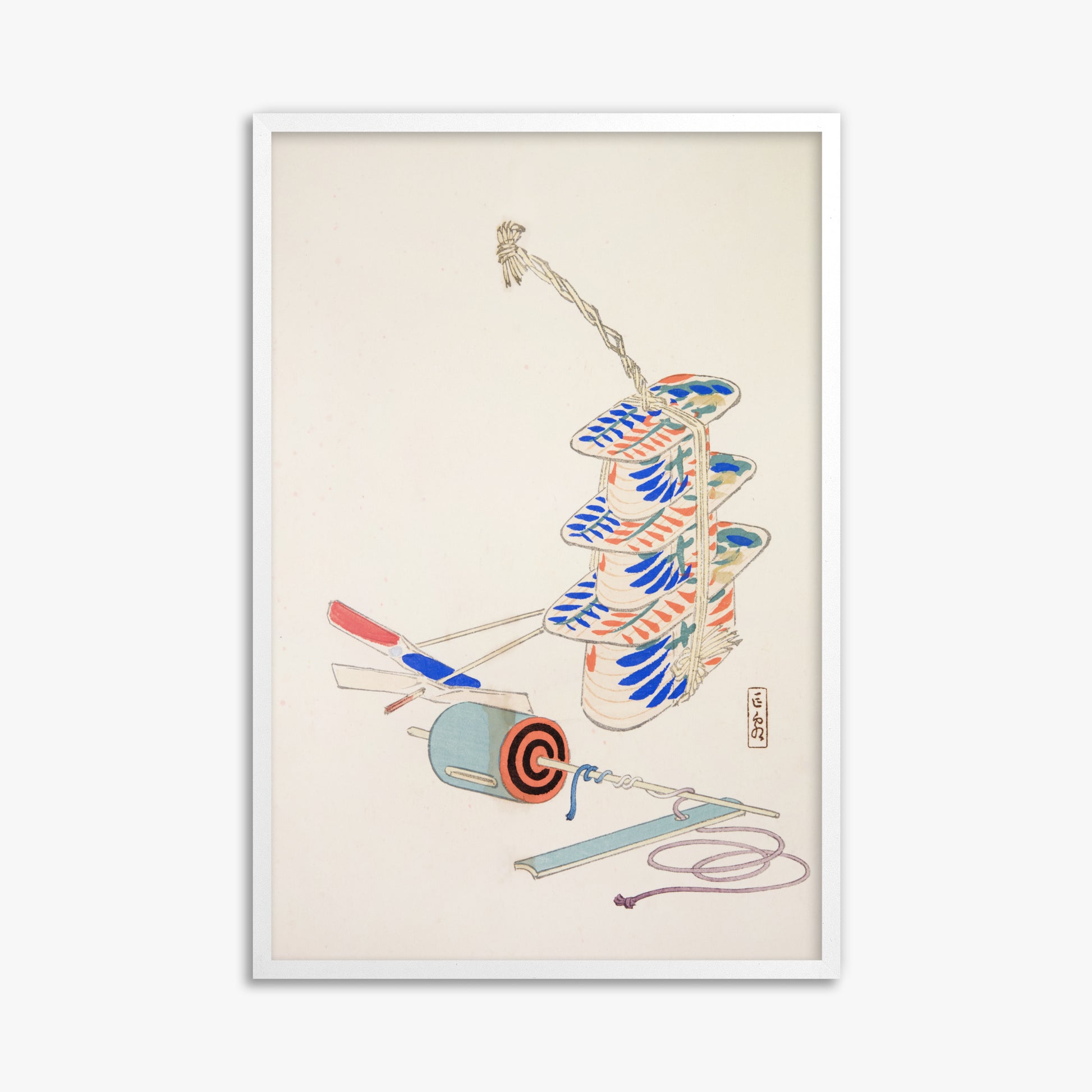 Kawasaki Kyosen: Kyosen’s Collected Illustrations of Japanese Toys Nr. 37 ("Nostalgic Winds: Japanese Childhood Treasures"), 61x91cm Framed Art Reproduction With White Frame
