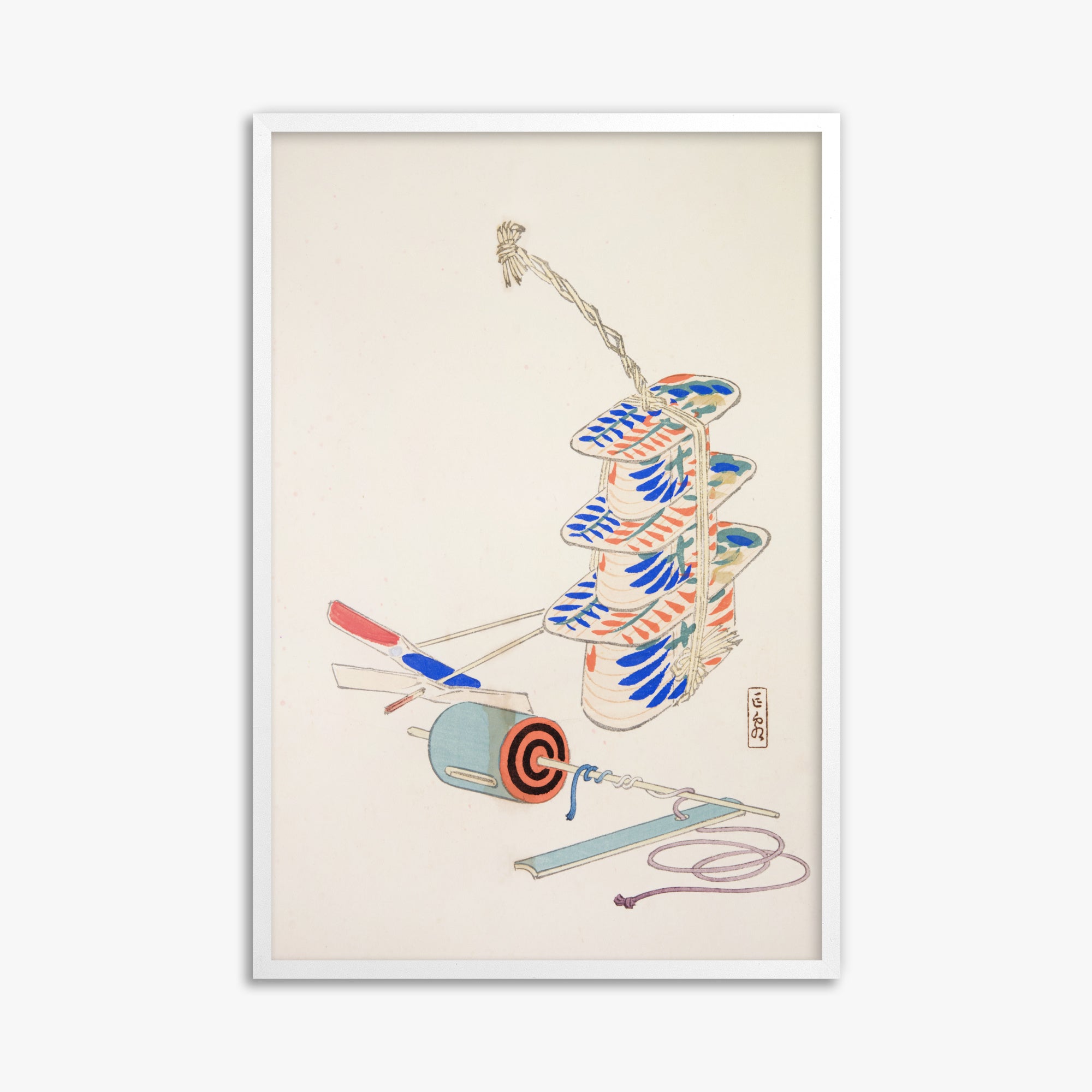 Kawasaki Kyosen: Kyosen’s Collected Illustrations of Japanese Toys Nr. 37 ("Nostalgic Winds: Japanese Childhood Treasures"), 61x91cm Framed Art Reproduction With White Frame