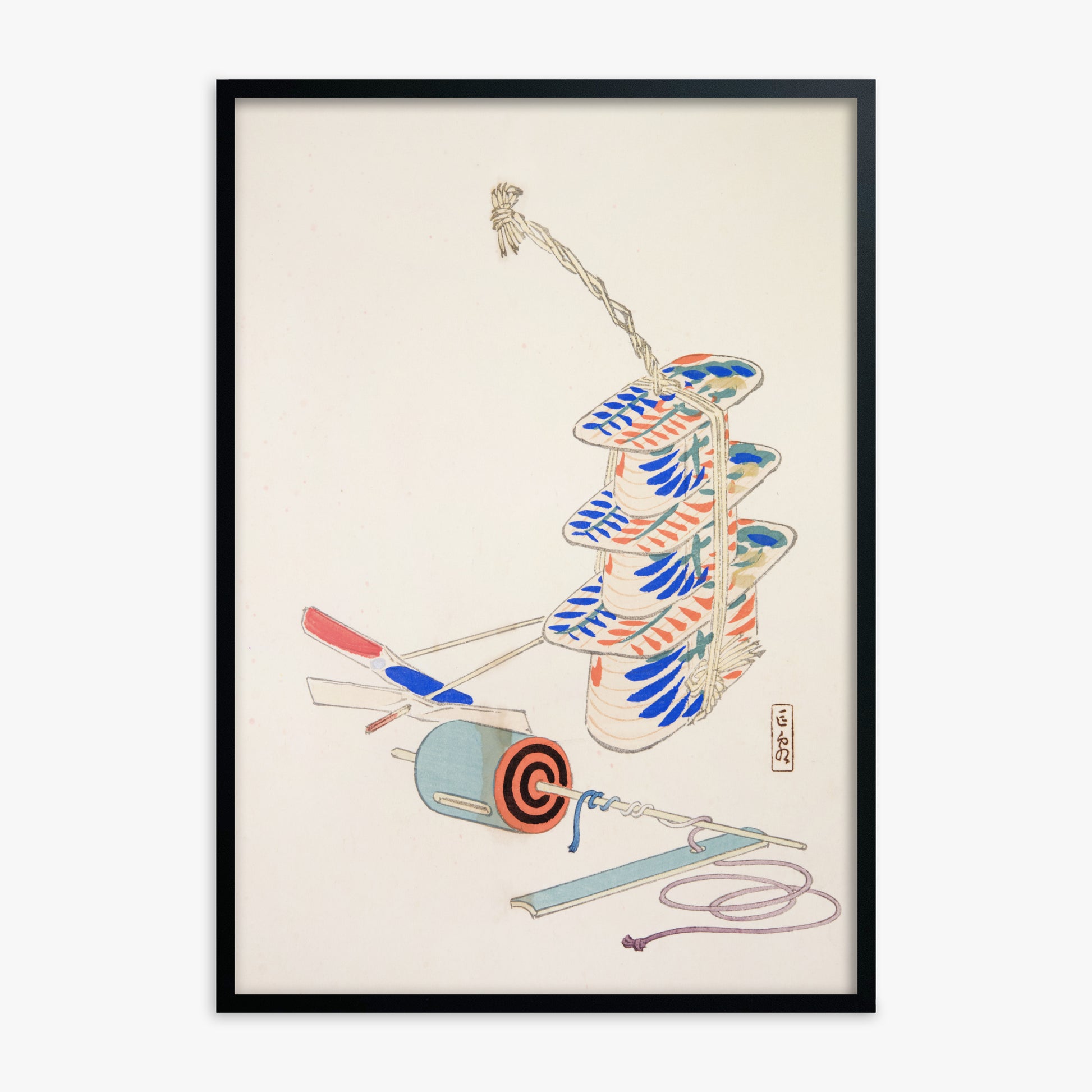 Kawasaki Kyosen: Kyosen’s Collected Illustrations of Japanese Toys Nr. 37 ("Nostalgic Winds: Japanese Childhood Treasures"), Black Framed Art Reproduction With Black Frame