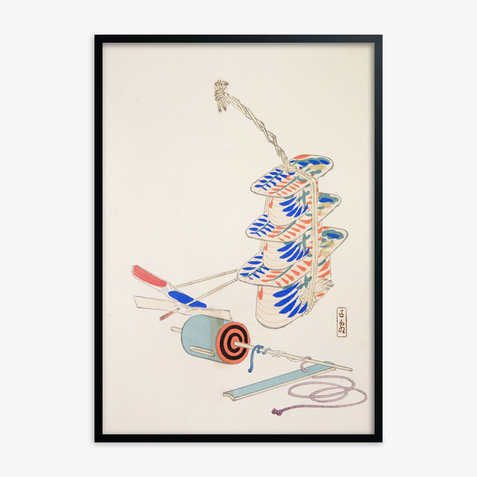 Kawasaki Kyosen: Kyosen’s Collected Illustrations of Japanese Toys Nr. 37 ("Nostalgic Winds: Japanese Childhood Treasures"), Black Framed Art Reproduction With Black Frame