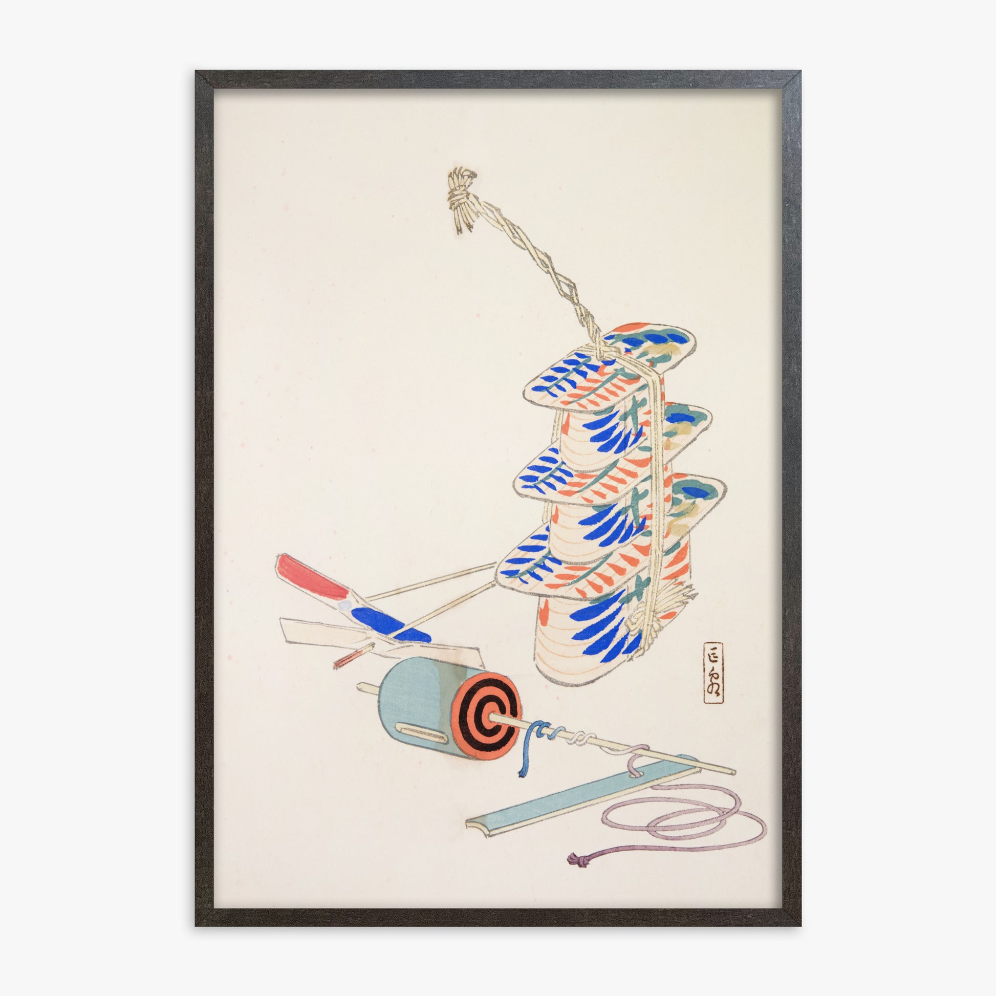 Kawasaki Kyosen: Kyosen’s Collected Illustrations of Japanese Toys Nr. 37 ("Nostalgic Winds: Japanese Childhood Treasures"), 70x100cm Framed Art Reproduction With Espresso Frame